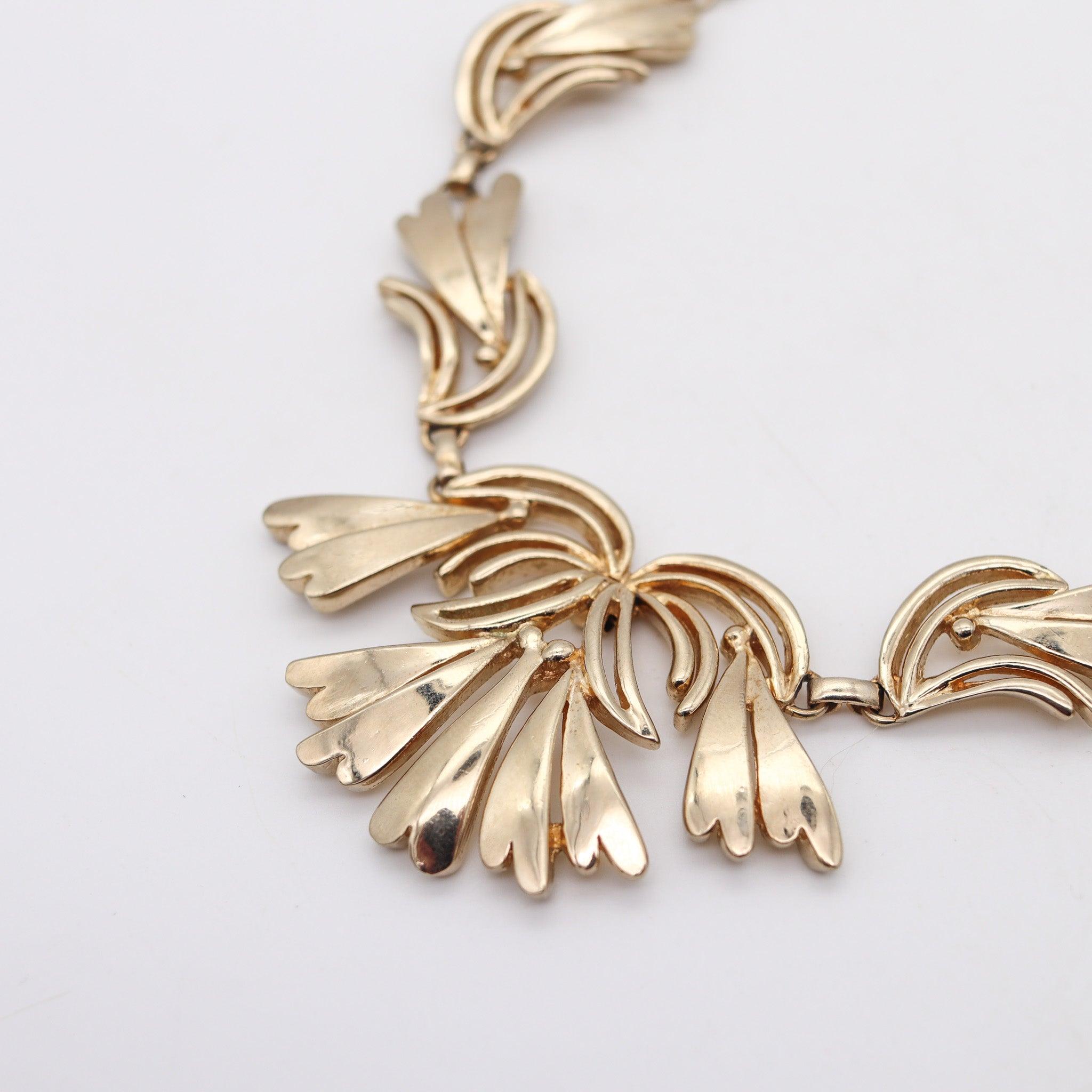 Women's NORMAN BEL GEDDES 1950 Retro Modernist Necklace In Gilt Steel For Sale