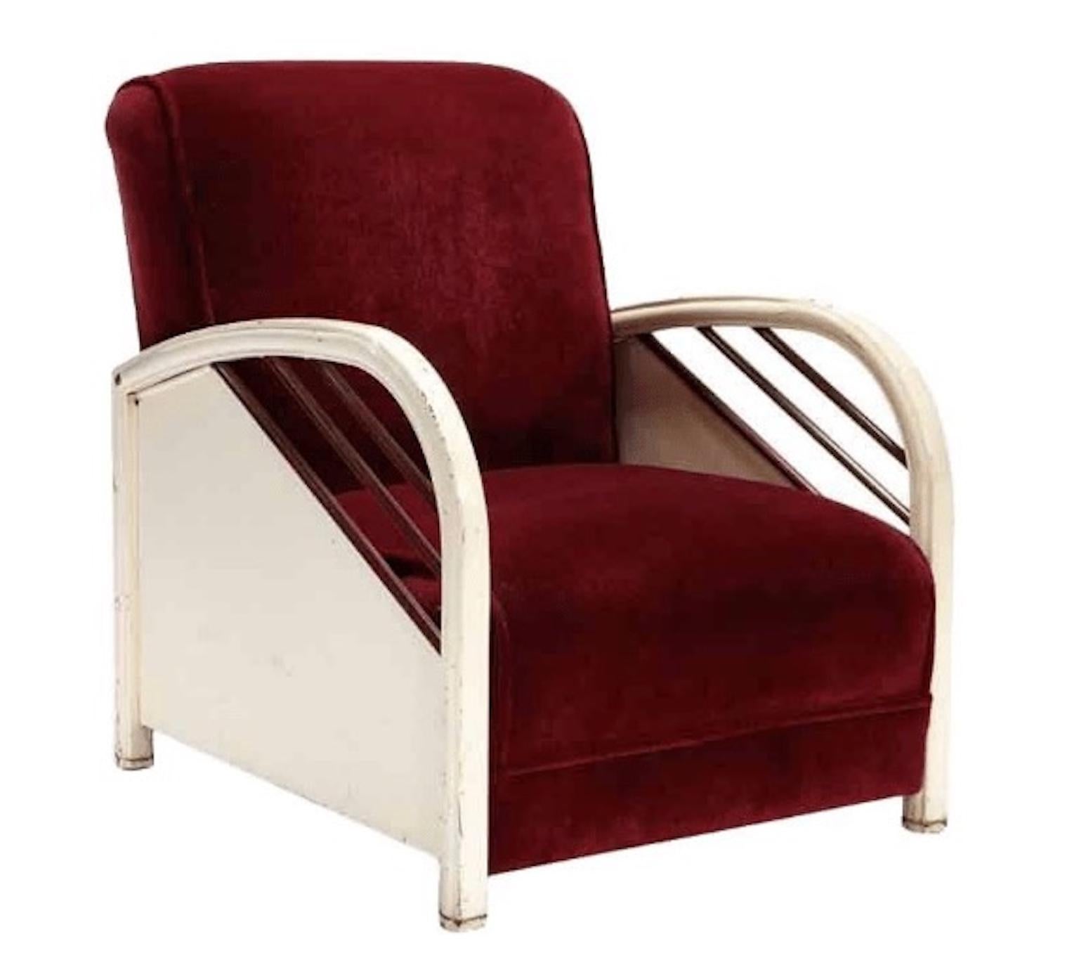 Silla club de hierro esmaltado y mohair atribuida a Norman Bel Geddes en venta 4