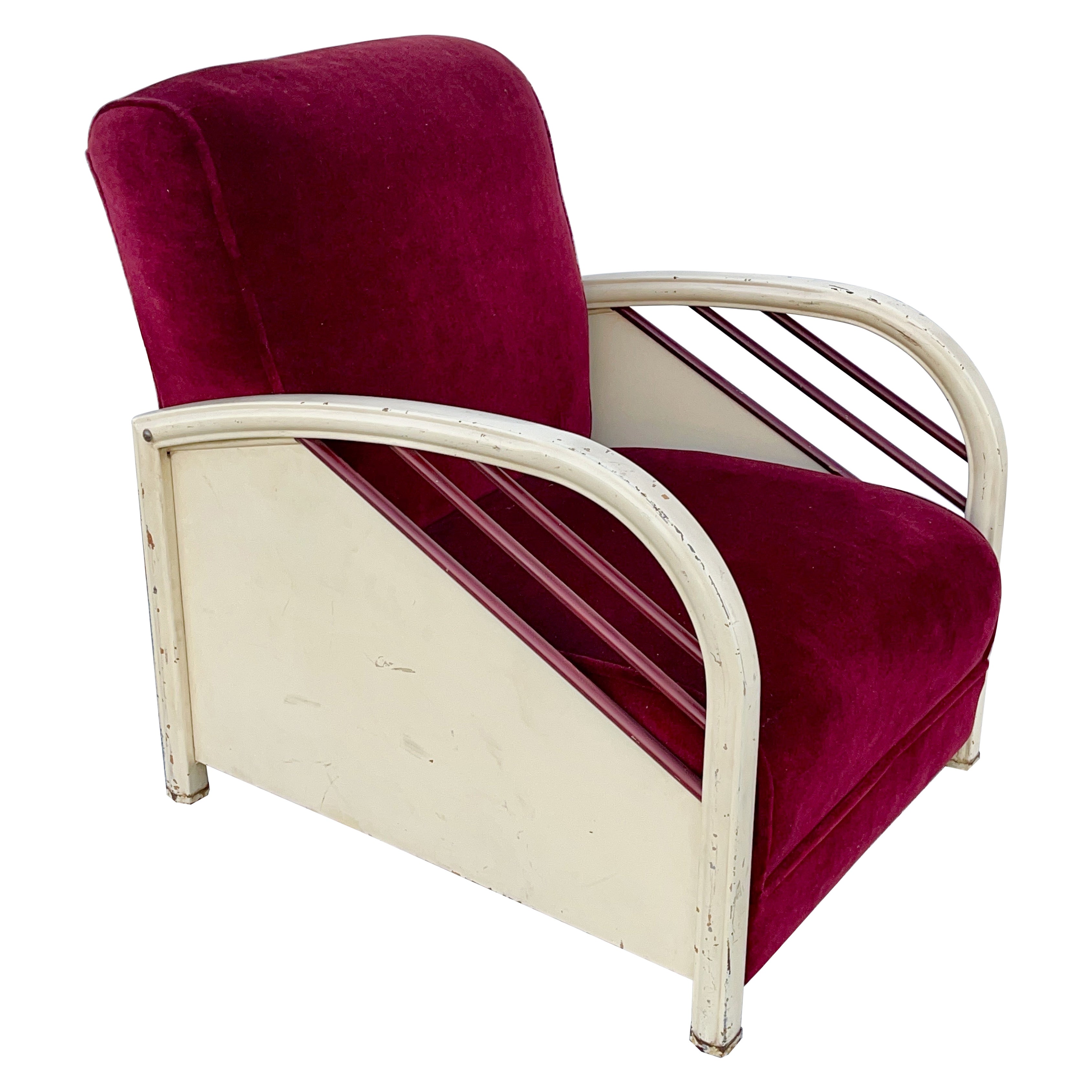 Silla club de hierro esmaltado y mohair atribuida a Norman Bel Geddes en venta