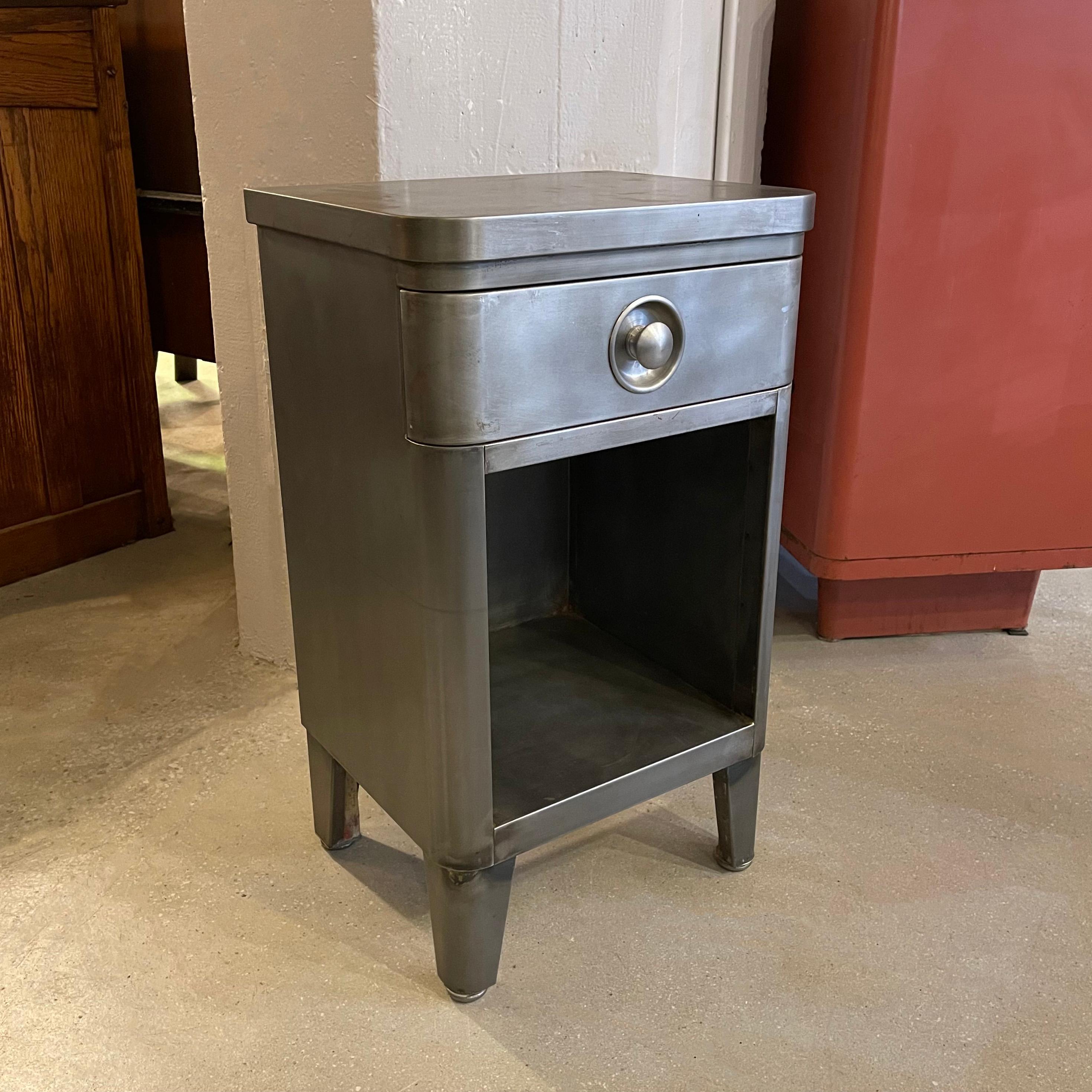 Machine Age Norman Bel Geddes Brushed Steel Nightstand End Table For Sale
