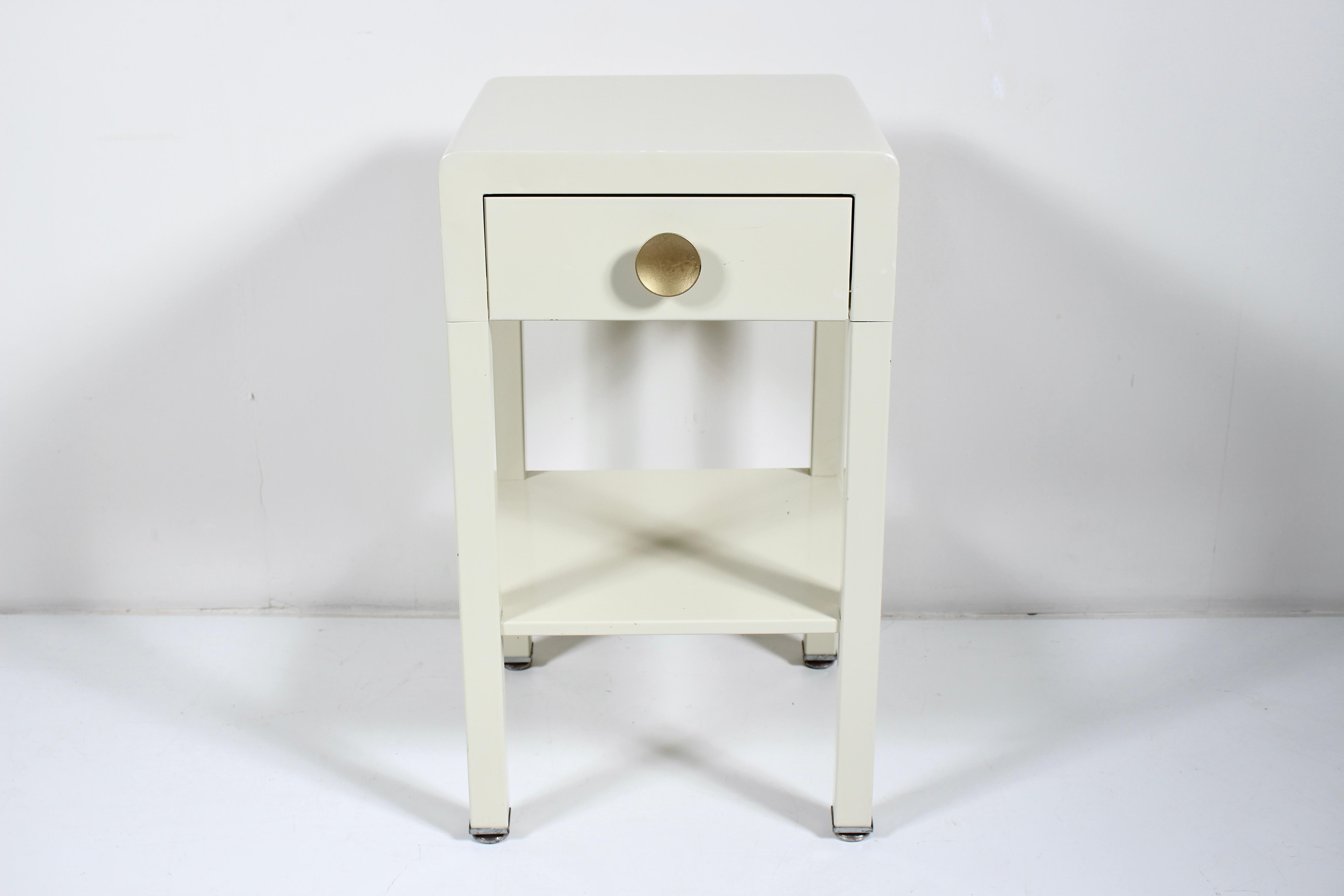Mid-Century Modern Norman Bel Geddes for Simmons Off White Enameled Steel Night Stand, 1930's For Sale