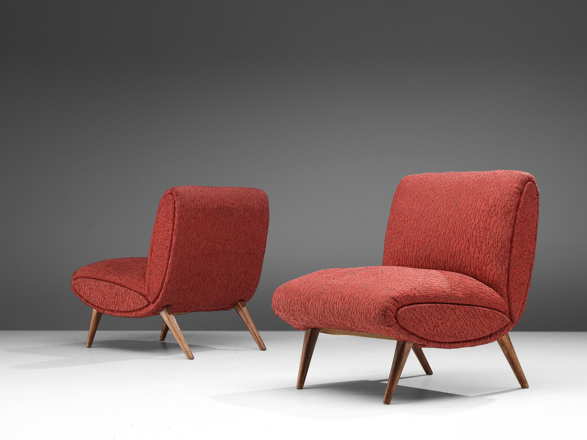 American Norman Bel Geddes Pair of Lounge Chairs in Red Textured Upholstery 