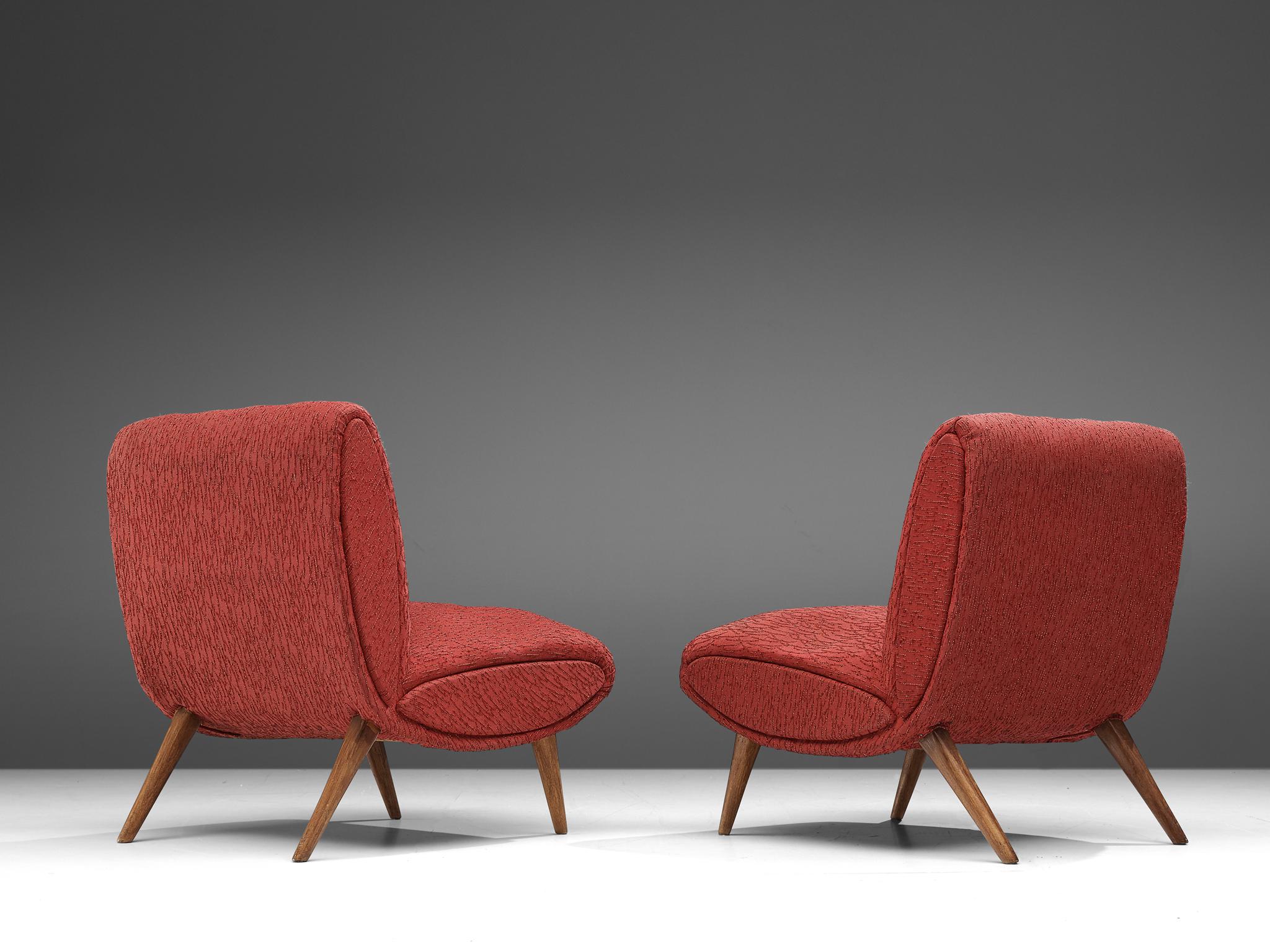 Fabric Norman Bel Geddes Pair of Lounge Chairs in Red Textured Upholstery 