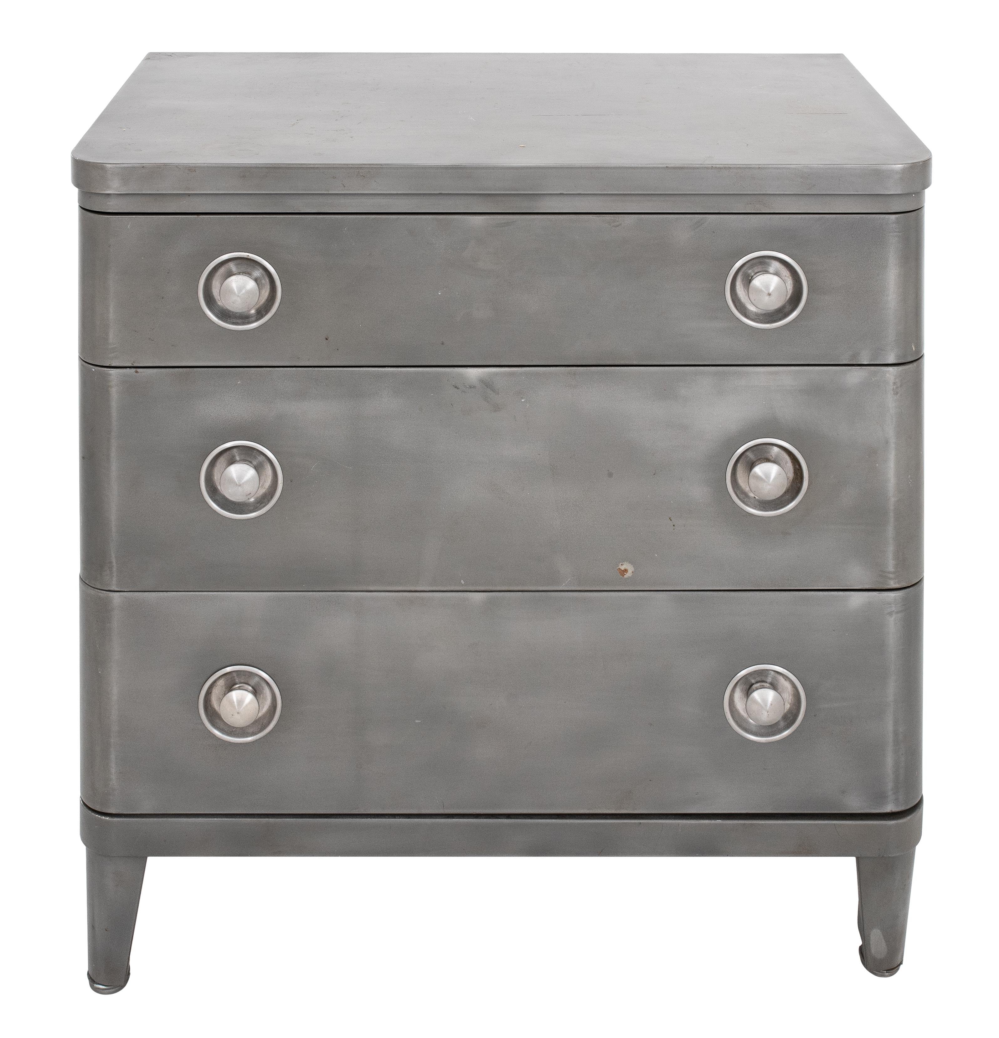 Norman Bel Geddes for Simmons Metal Chest of Three Drawers, with rounded inset drawer pulls, apparently unmarked. 34.5