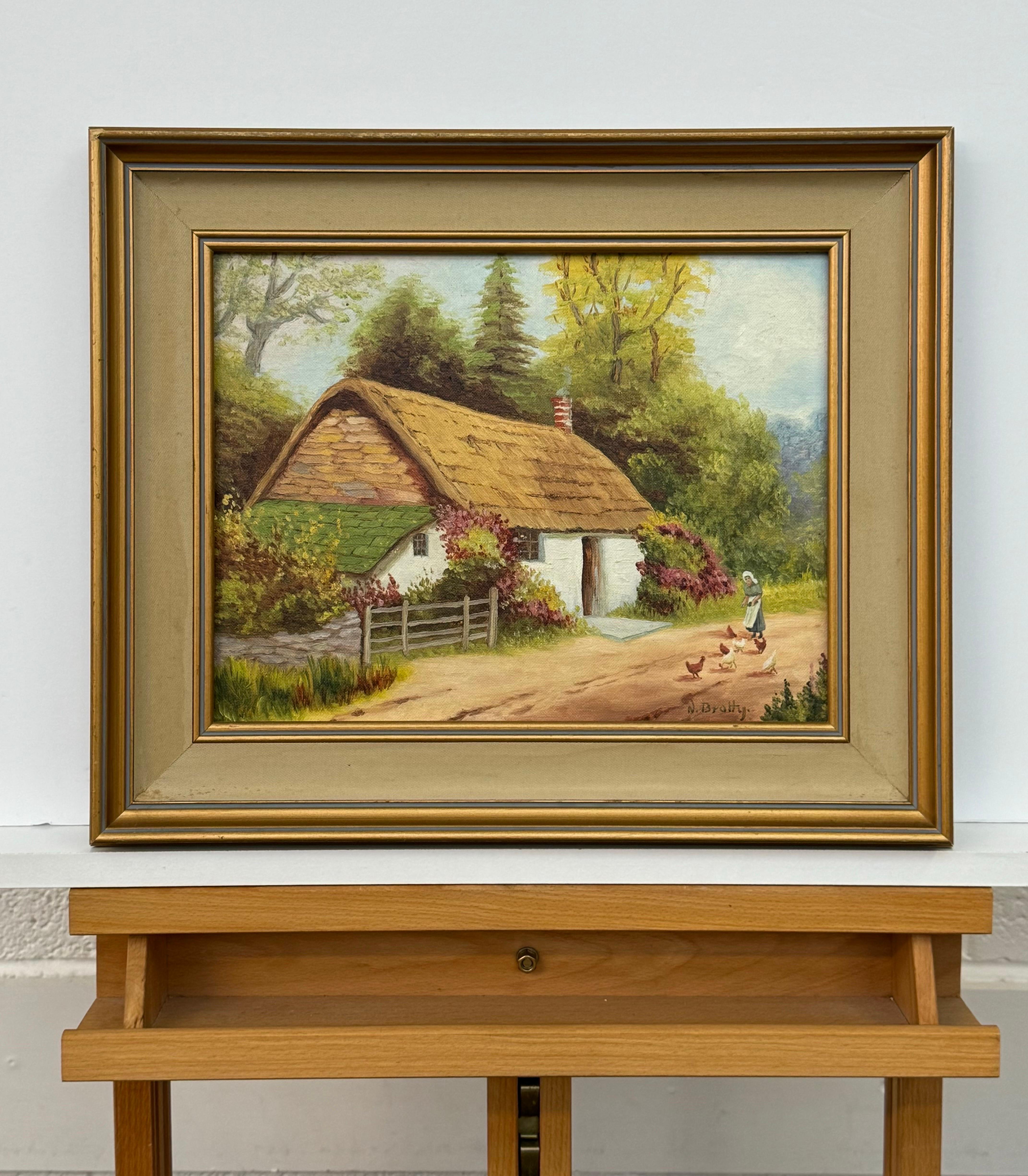 Gîte rural idyllique avec dame nourrissant des poules dans la campagne irlandaise - Réalisme Painting par Norman Bratty