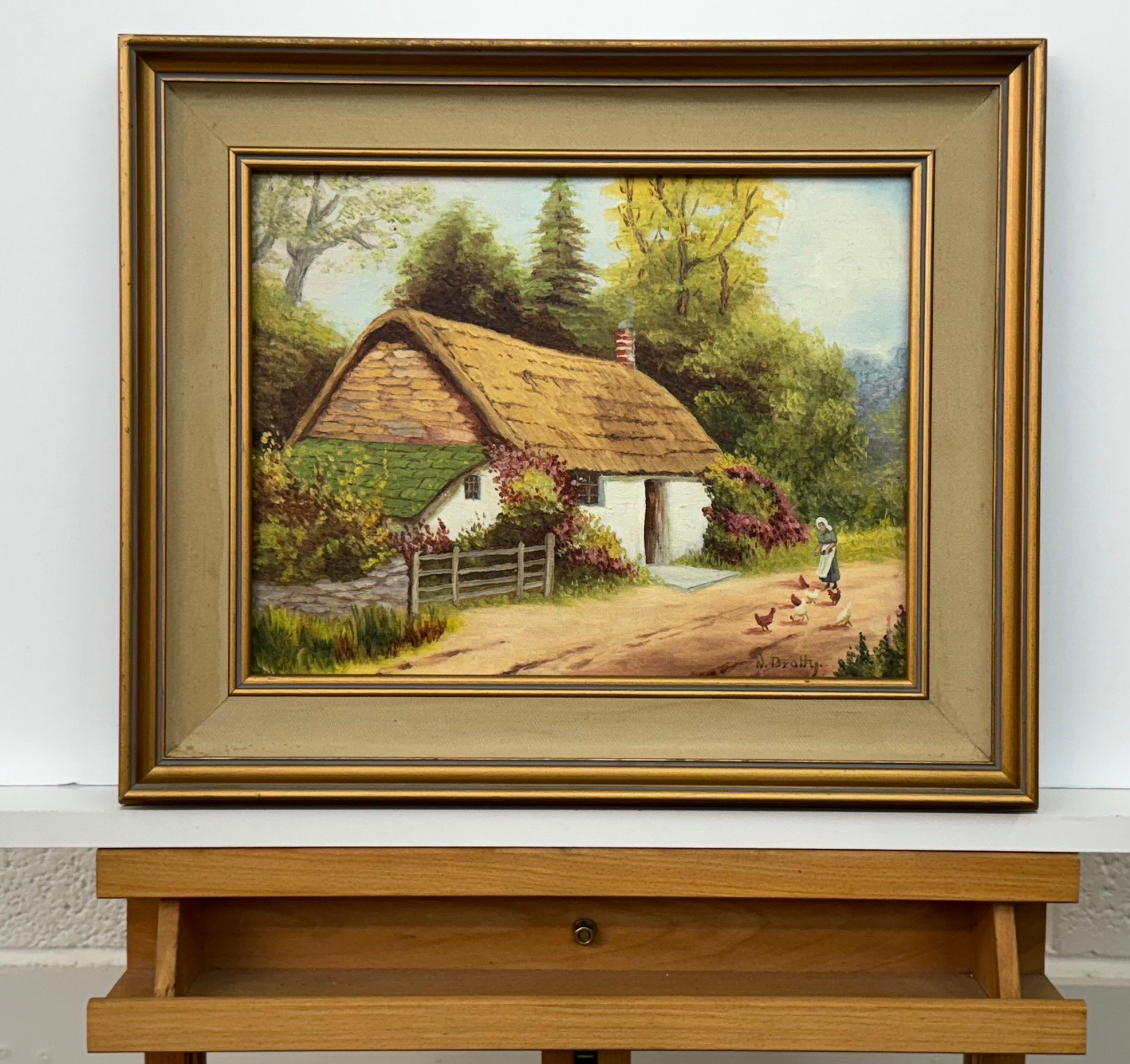Gîte rural idyllique avec dame nourrissant des poules dans la campagne irlandaise - Marron Animal Painting par Norman Bratty