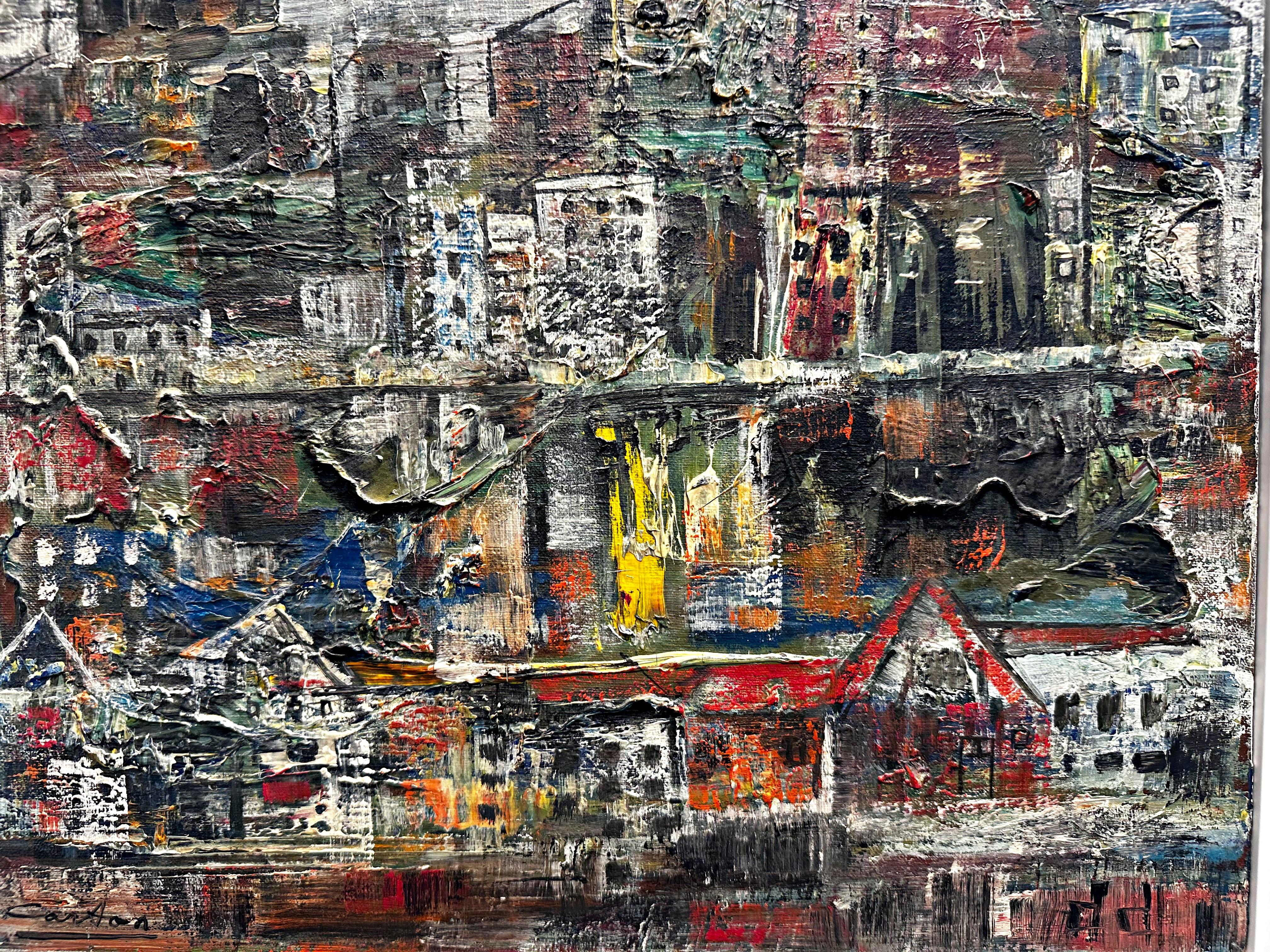 Paisaje urbano abstracto moderno de mediados de siglo, pintura al óleo única, firmada dos veces, enmarcada - Painting de Norman Carton
