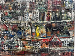 Paisaje urbano abstracto moderno de mediados de siglo, pintura al óleo única, firmada dos veces, enmarcada