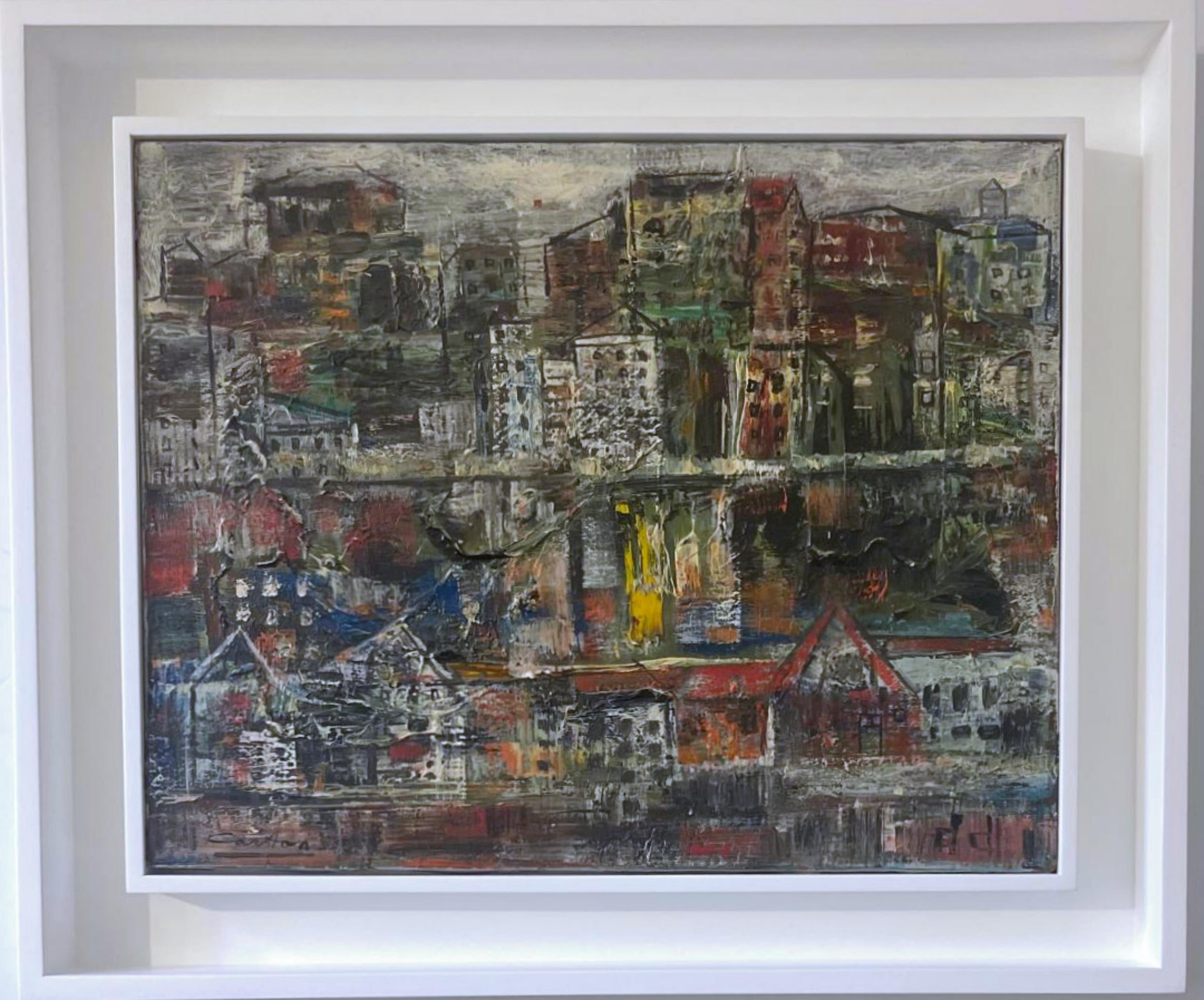 Paisaje urbano abstracto moderno de mediados de siglo, pintura al óleo única, firmada dos veces, enmarcada - Painting Expresionista de Norman Carton