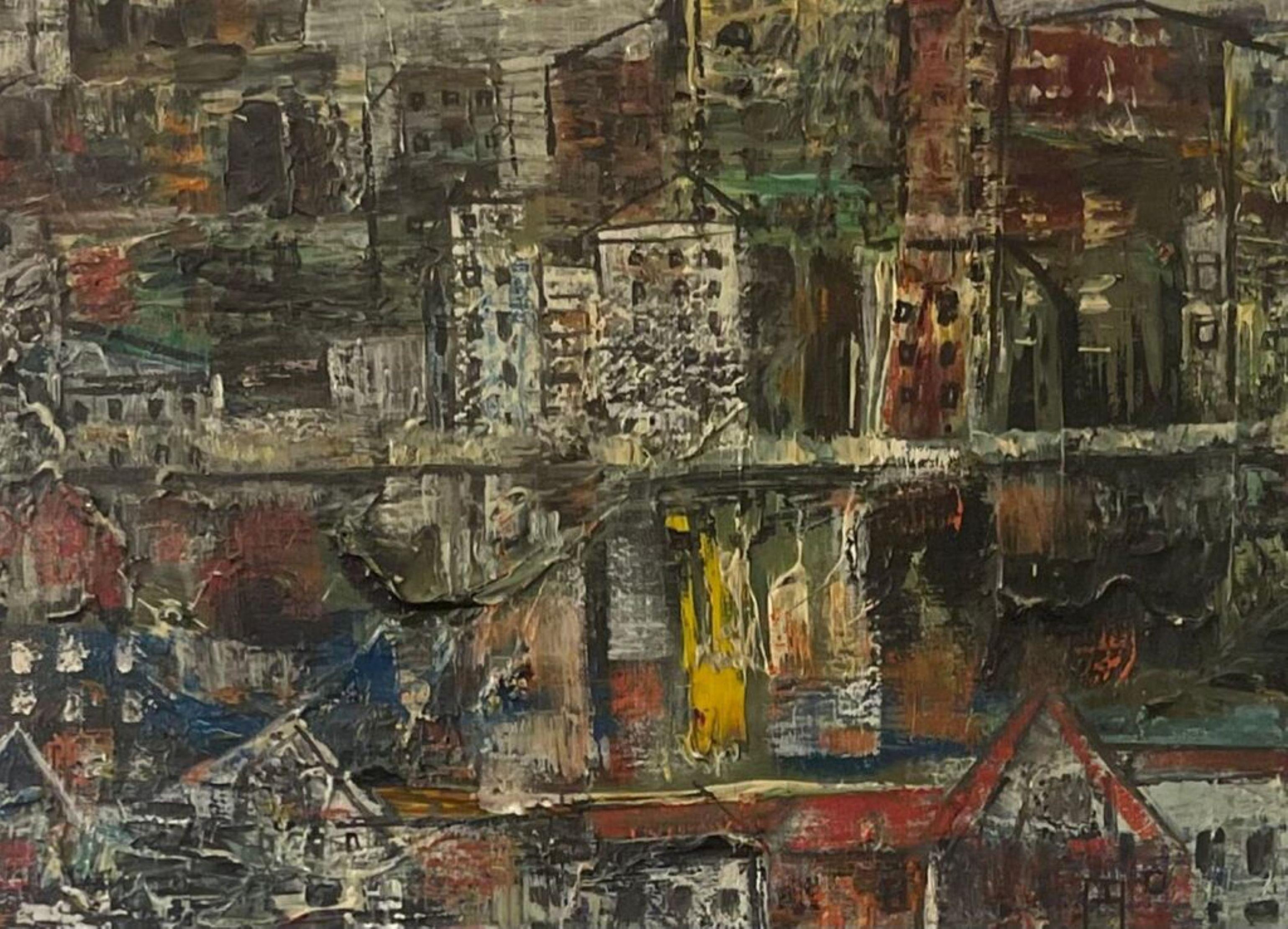 Paysage urbain abstrait moderne du milieu du siècle, peinture à l'huile unique, signée deux fois, encadrée - Gris Figurative Painting par Norman Carton
