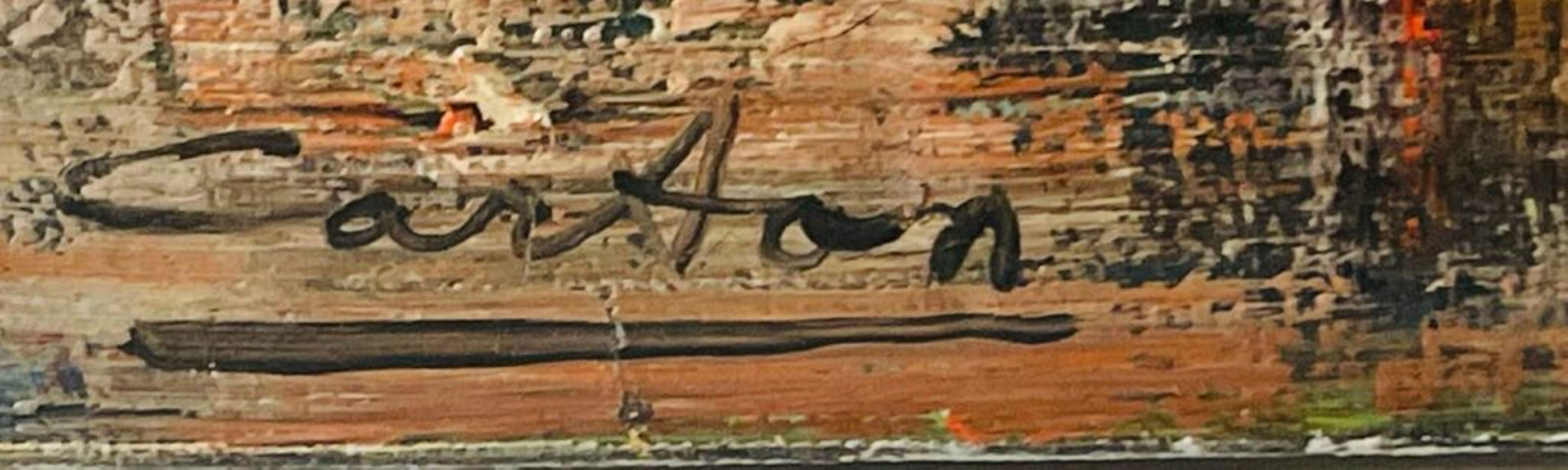 Paysage urbain abstrait moderne du milieu du siècle, peinture à l'huile unique, signée deux fois, encadrée en vente 1