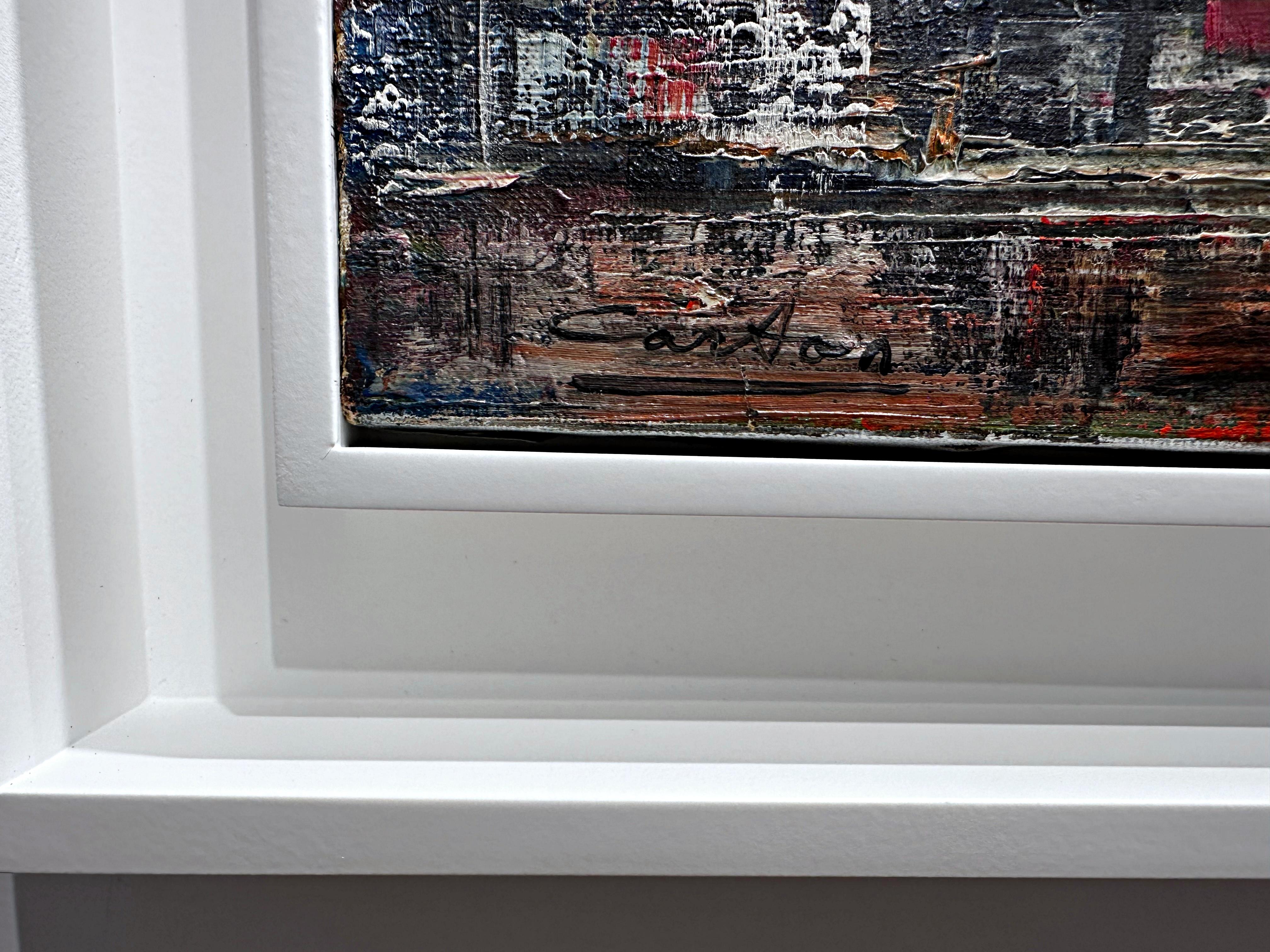Paisaje urbano abstracto moderno de mediados de siglo, pintura al óleo única, firmada dos veces, enmarcada en venta 3