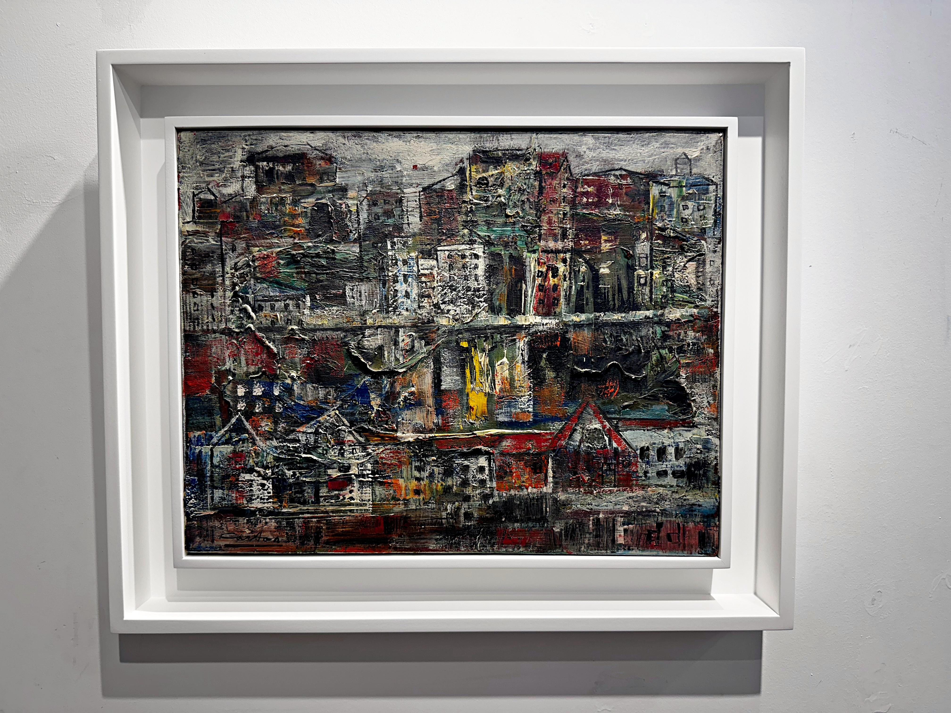 Figurative Painting de Norman Carton - Paisaje urbano abstracto moderno de mediados de siglo, pintura al óleo única, firmada dos veces, enmarcada