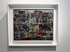 Paysage urbain abstrait moderne du milieu du siècle, peinture à l'huile unique, signée deux fois, encadrée