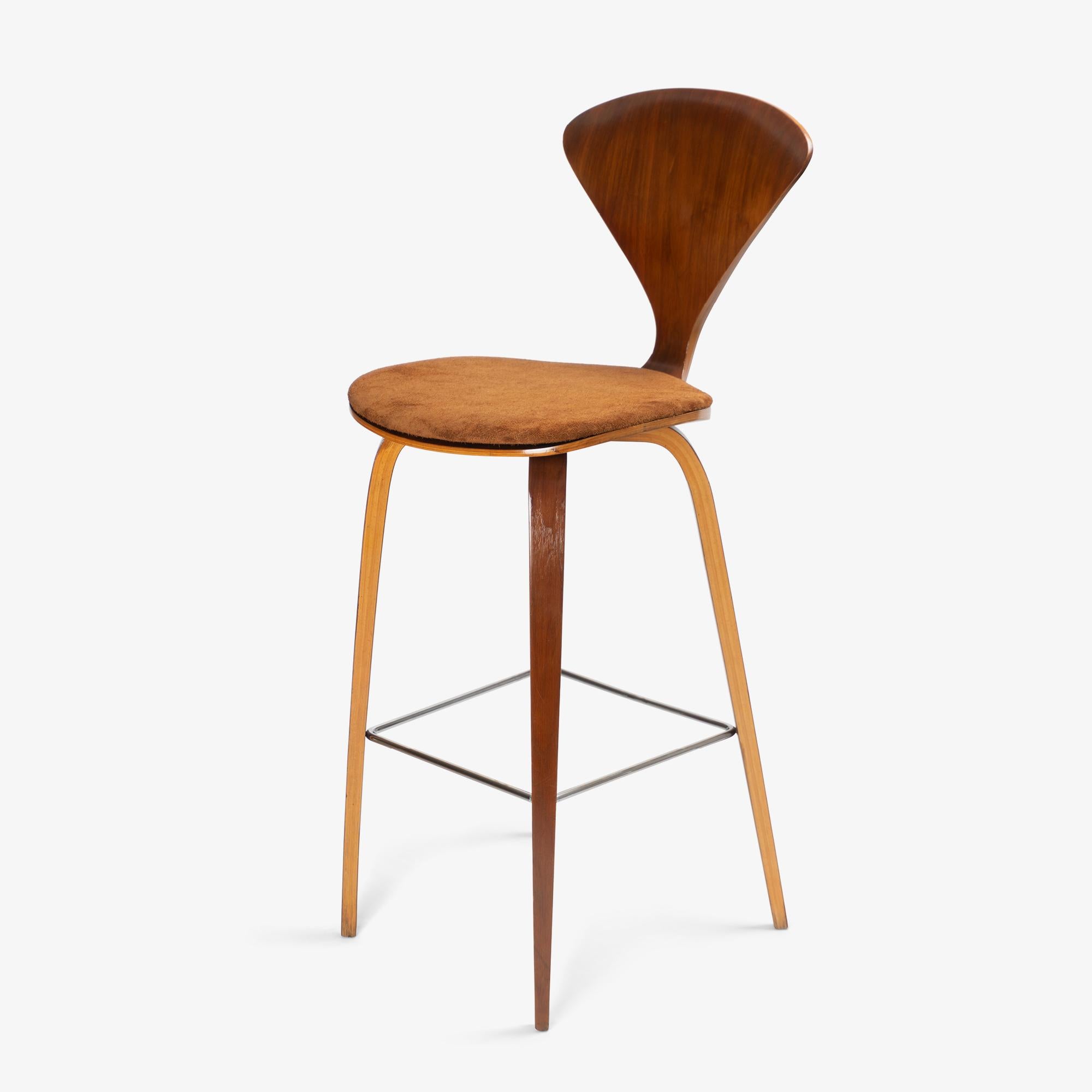 Mid-Century Modern Norman Cherner Barstools in Walnut & Italian Suede, Set of 3 For Sale