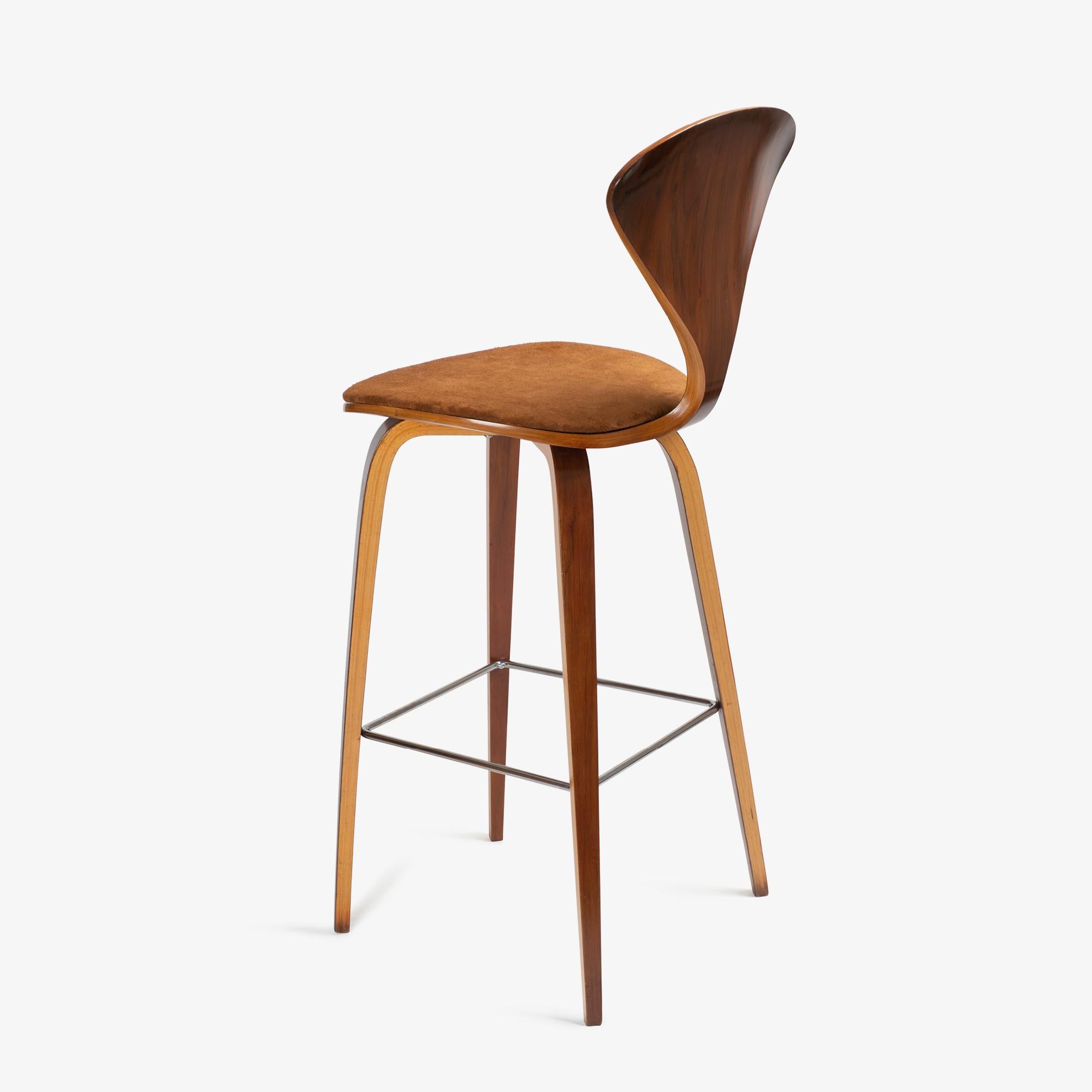 Contemporary Norman Cherner Barstools in Walnut & Italian Suede, Set of 3 For Sale