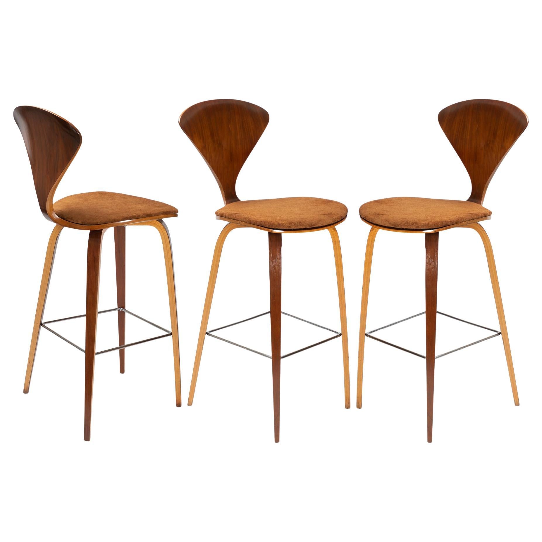 Norman Cherner Barstools in Walnut & Italian Suede, Set of 3