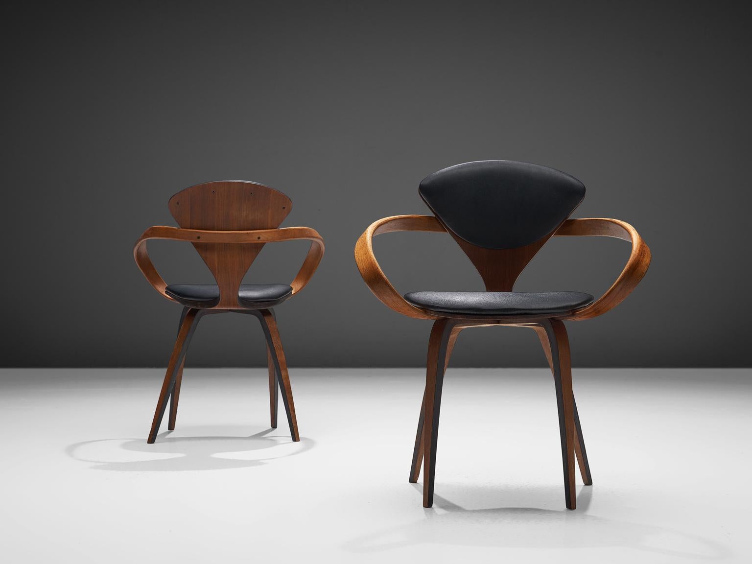 American Norman Cherner for Plycraft Four Walnut and Black Leather Dining Chairs