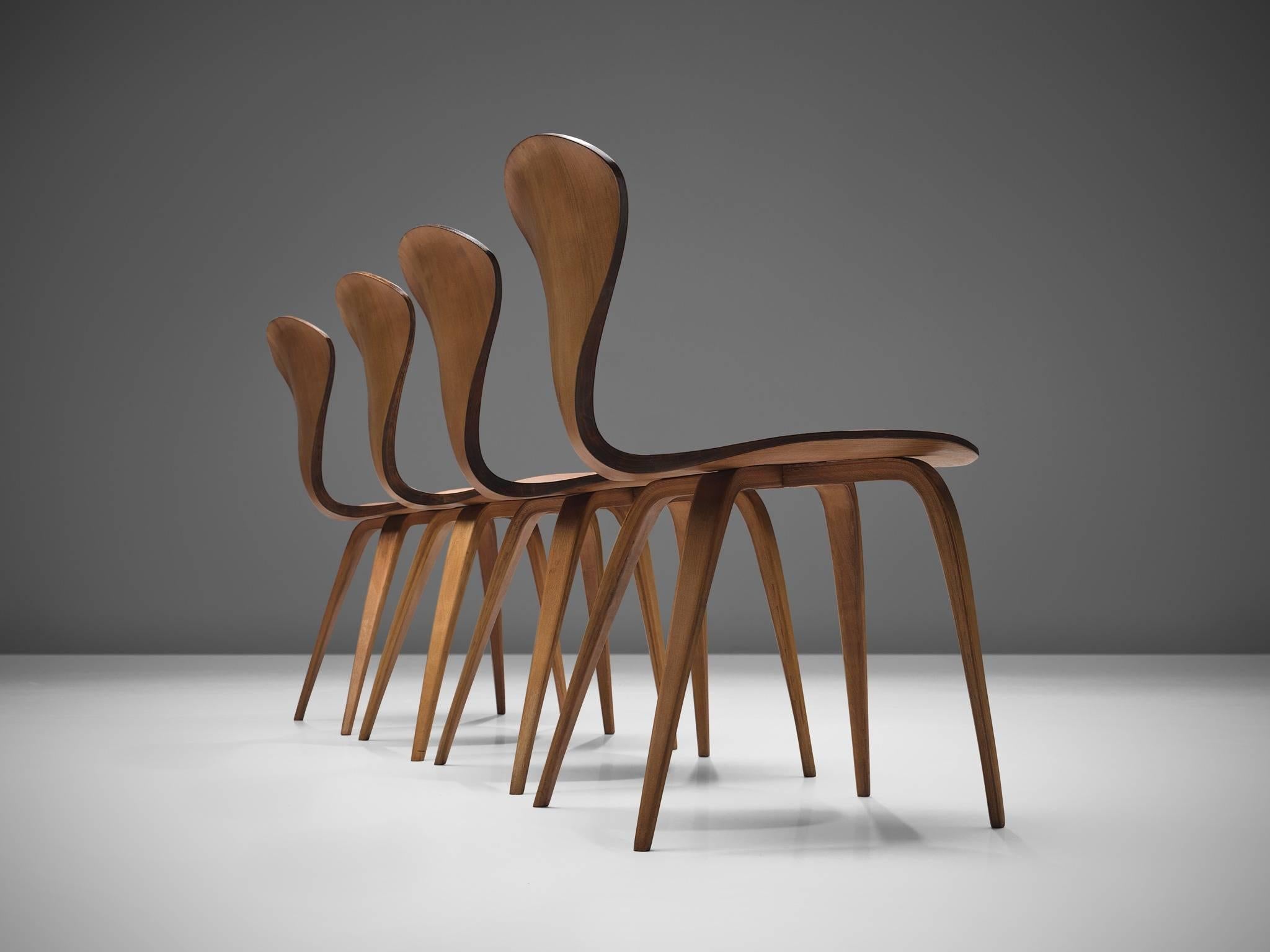 American Norman Cherner for Plycraft Four Walnut Dining Chairs