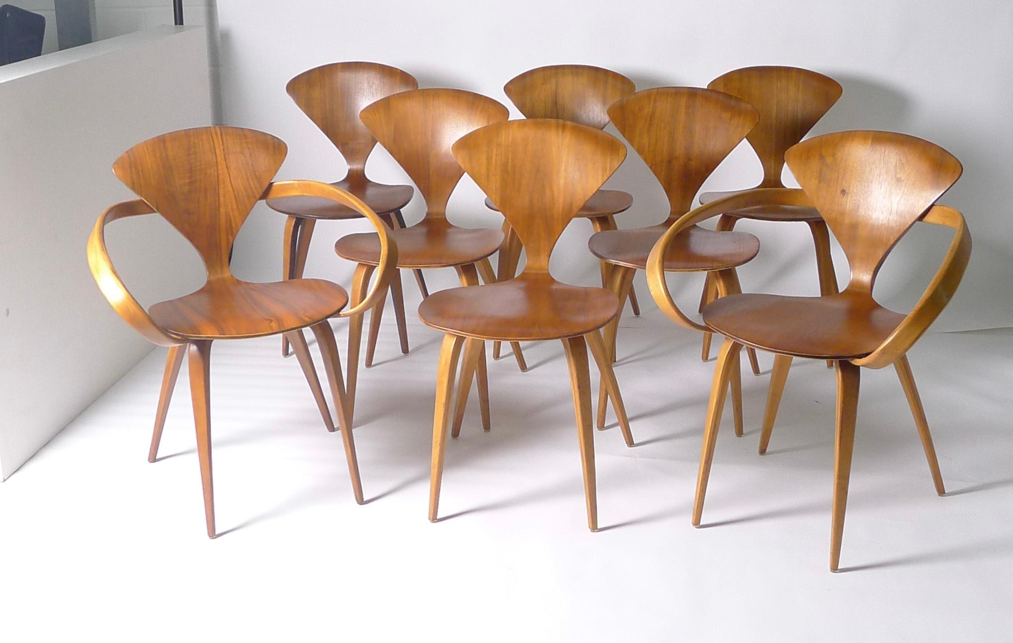 Mid-Century Modern Norman Cherner for Plycraft, Set of 8 Original Chairs with Labels, Walnut Veneer For Sale
