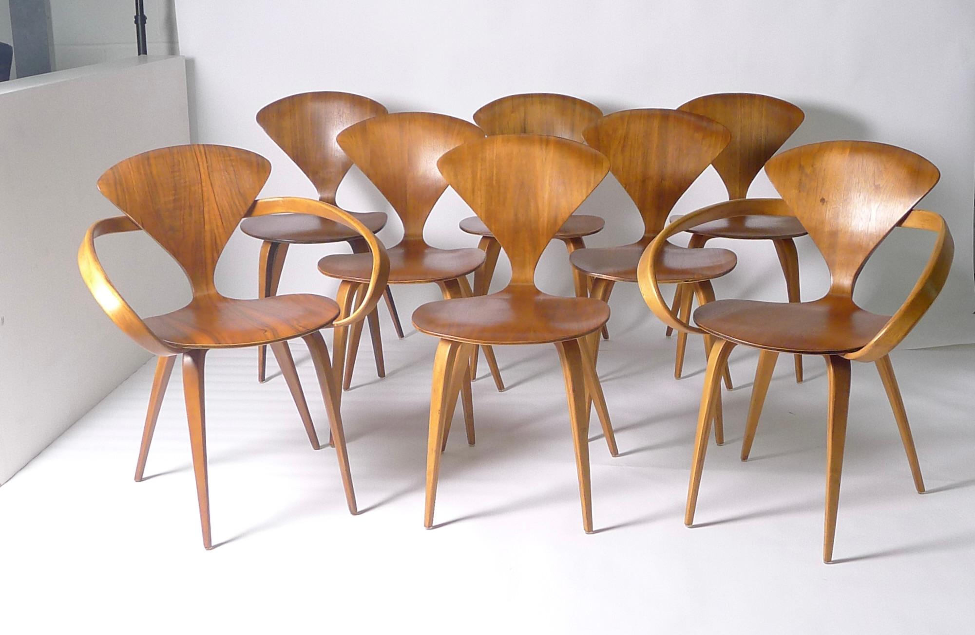 American Norman Cherner for Plycraft, Set of 8 Original Chairs with Labels, Walnut Veneer For Sale