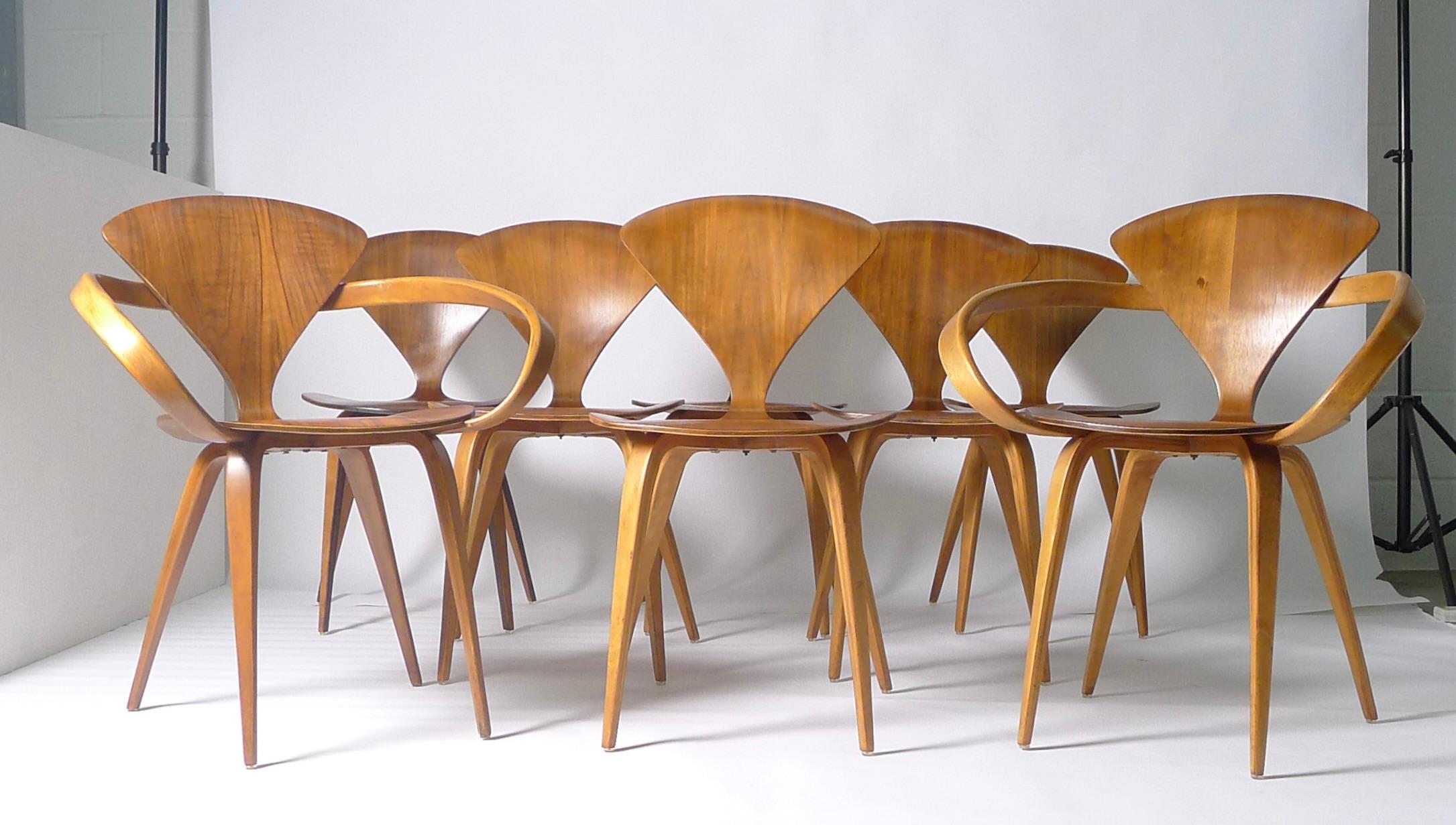Woodwork Norman Cherner for Plycraft, Set of 8 Original Chairs with Labels, Walnut Veneer For Sale