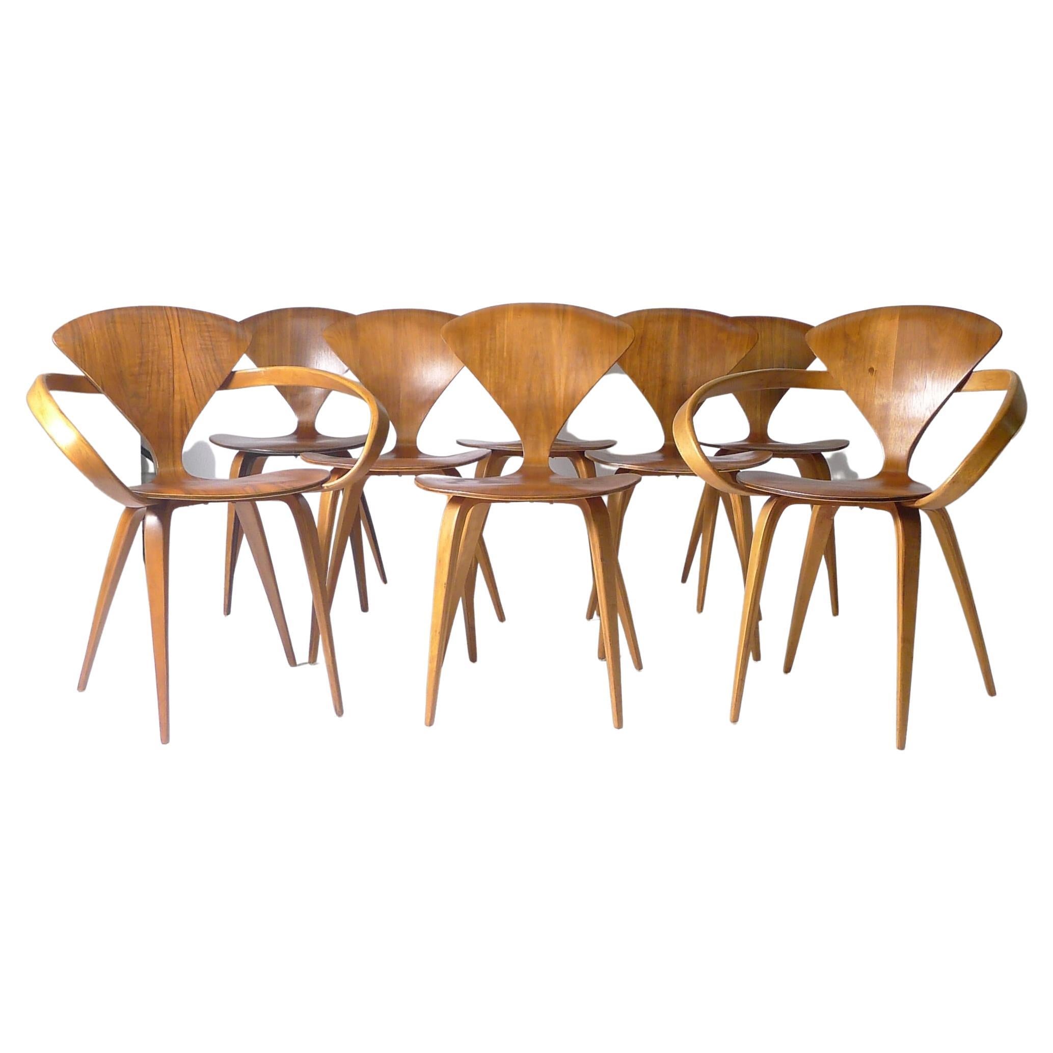 Norman Cherner for Plycraft, Set of 8 Original Chairs with Labels, Walnut Veneer