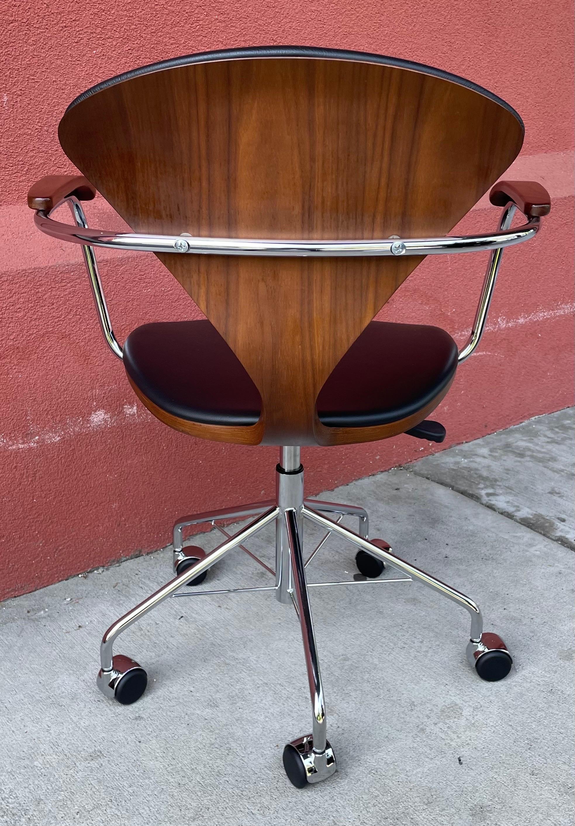 Mid-Century Modern Desk Chair by Norman Cherner in Walnut Chrome Base Black Leather Seat & Back