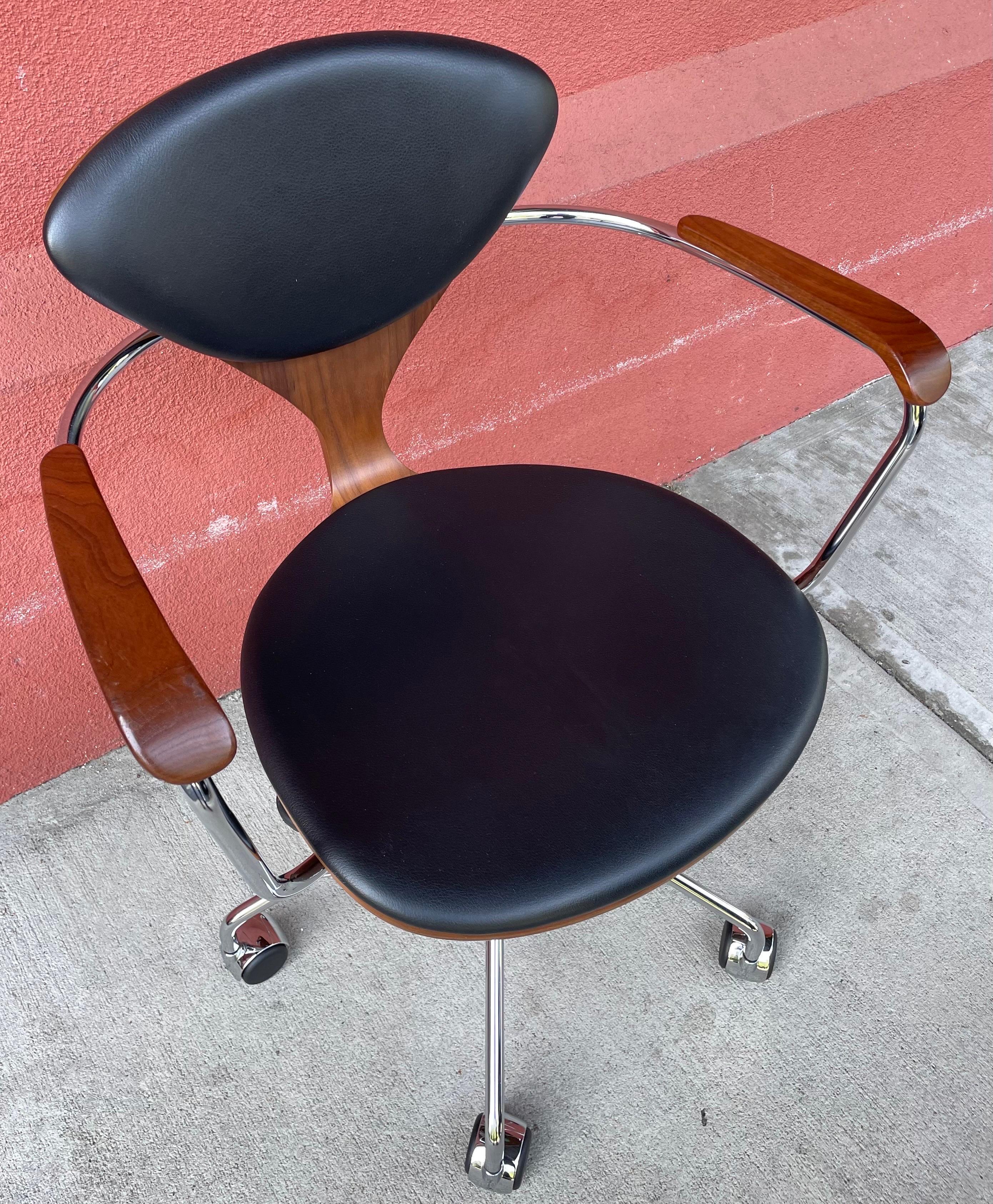 American Desk Chair by Norman Cherner in Walnut Chrome Base Black Leather Seat & Back