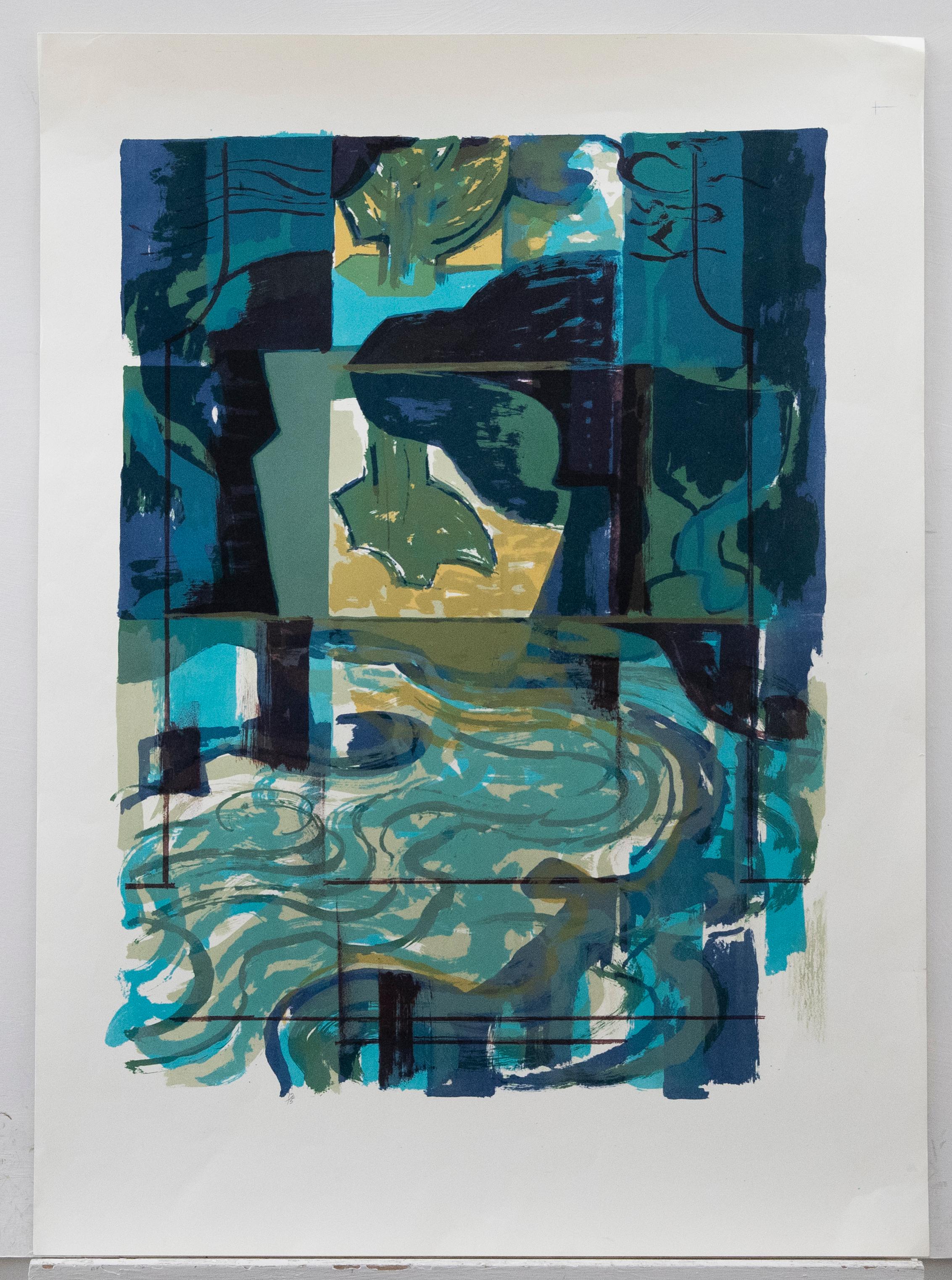 A striking abstract scene with swirling natural forms in blue and green. Numbered 12/15. Unsigned. On paper. 