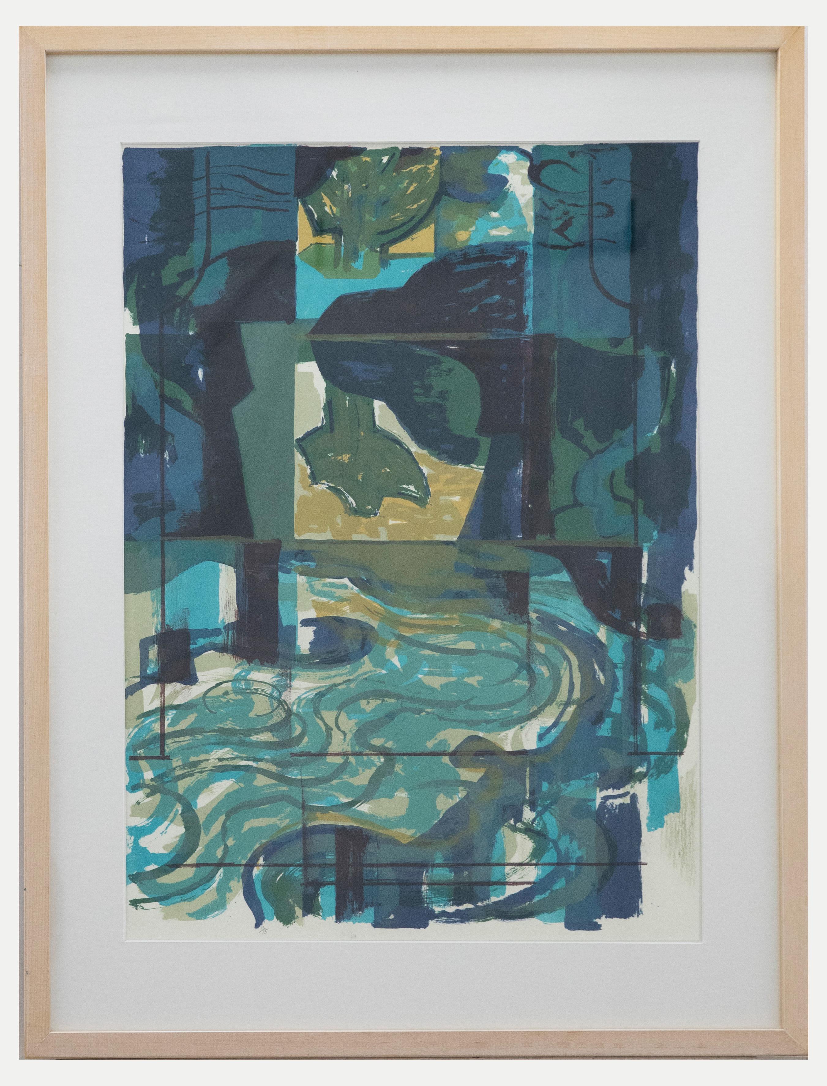 A striking abstract scene with swirling natural forms in blue and green. Inscribed 11/15. Unsigned. Presented in a contemporary wooden frame. On paper.
