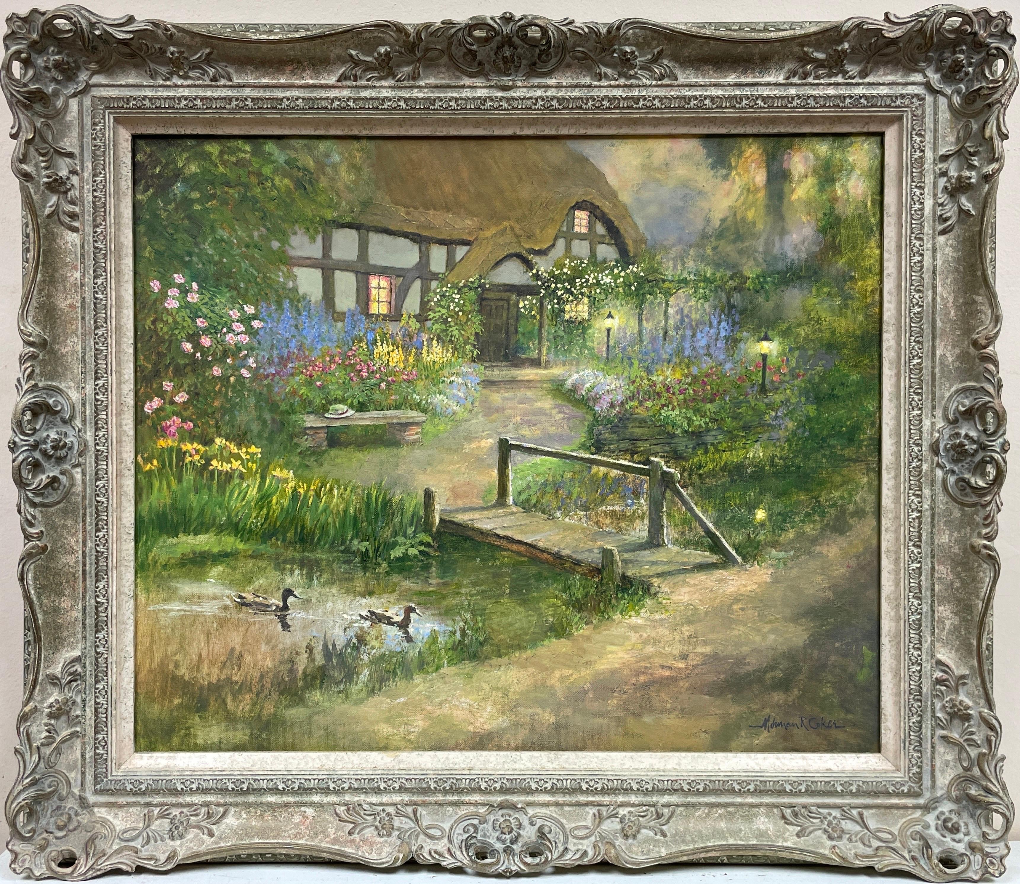 Large British Impressionist Oil Painting Country Cottage Flower Garden & Ducks