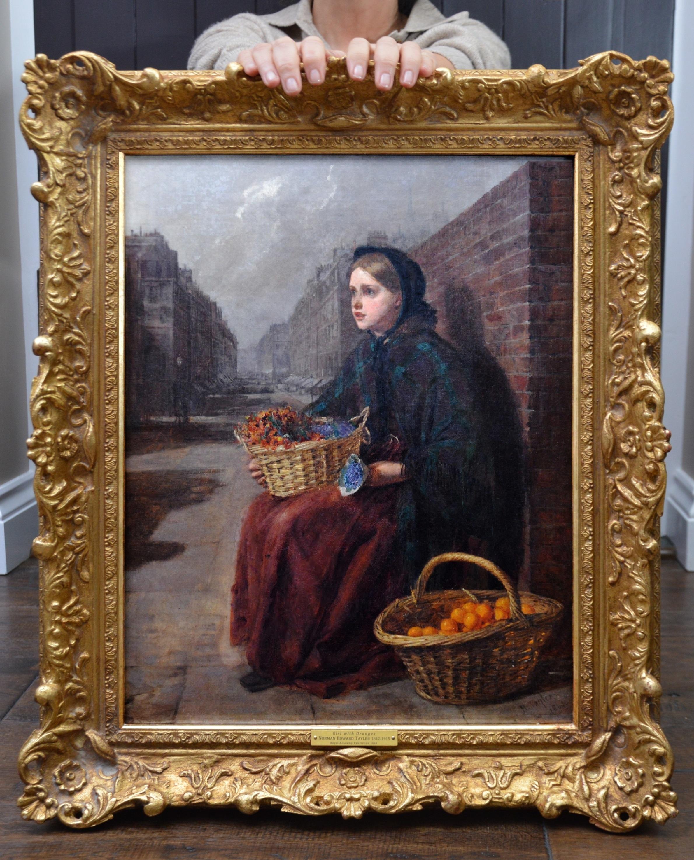 Norman Edward Tayler ARWS Figurative Painting - Girl with Oranges - 19th Century Royal Academy Oil Painting 1863