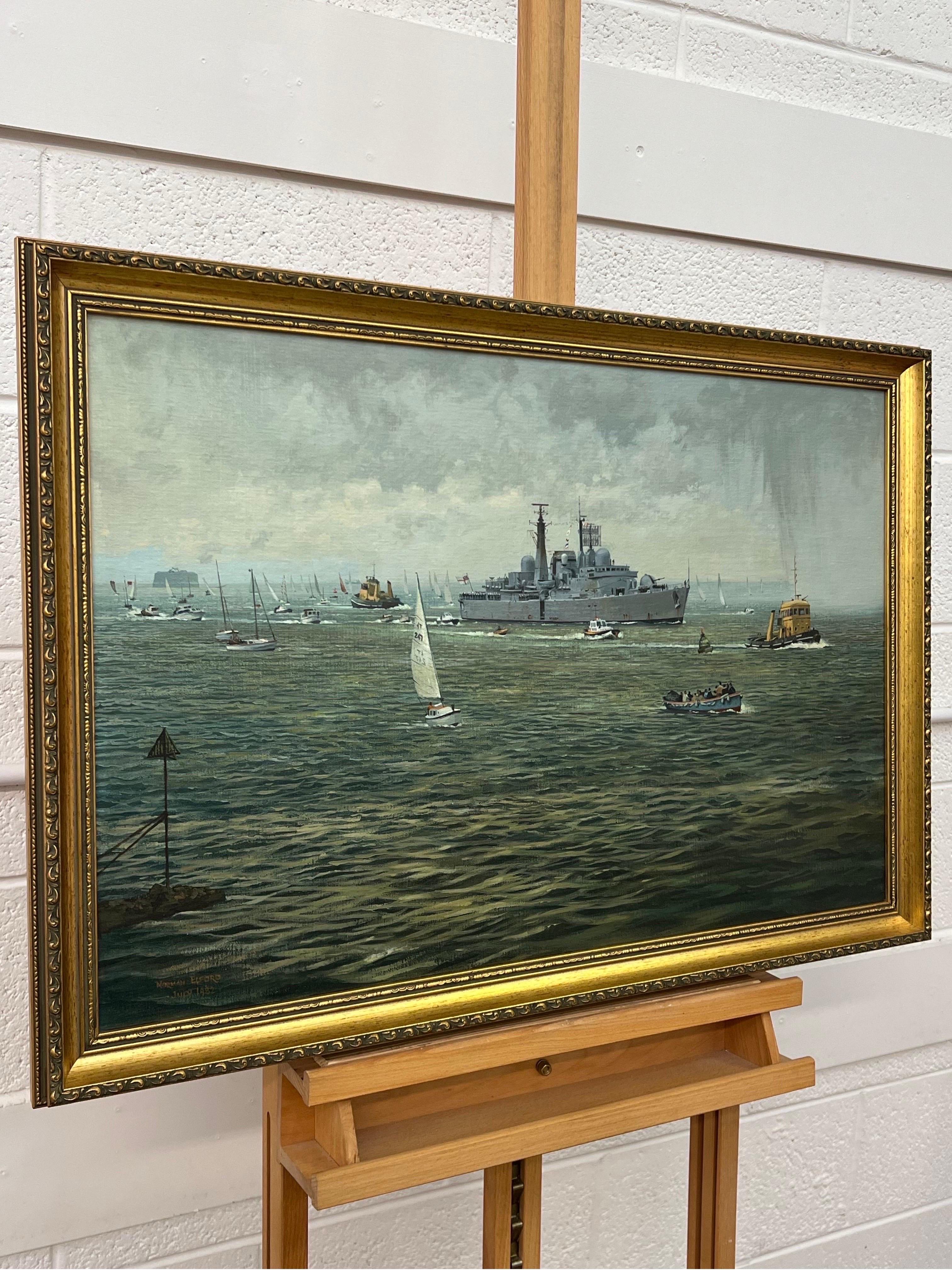 HMS Glasgow returning from Falklands - Shipping Scene Warship & other Vessels - Painting by Norman Elford