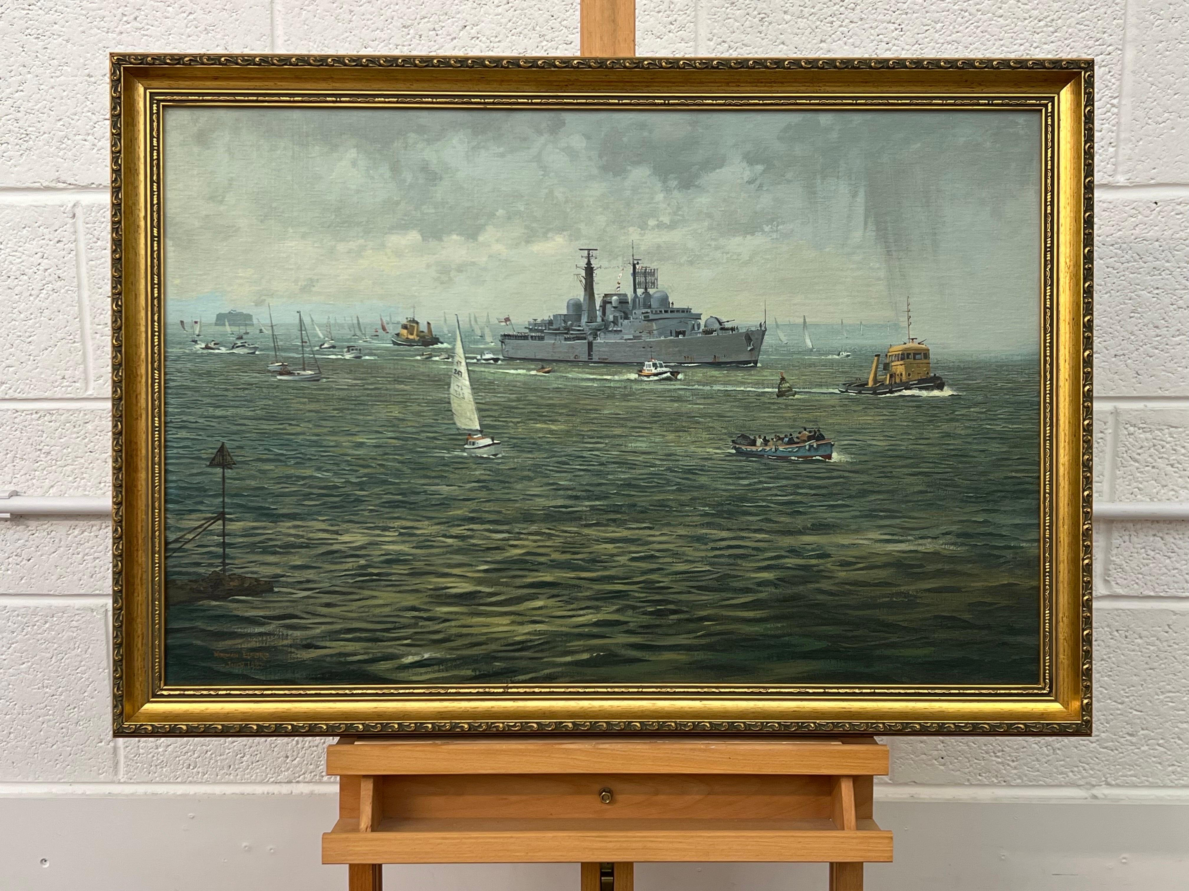 HMS Glasgow returning from Falklands - Shipping Scene Warship & other Vessels - Realist Painting by Norman Elford