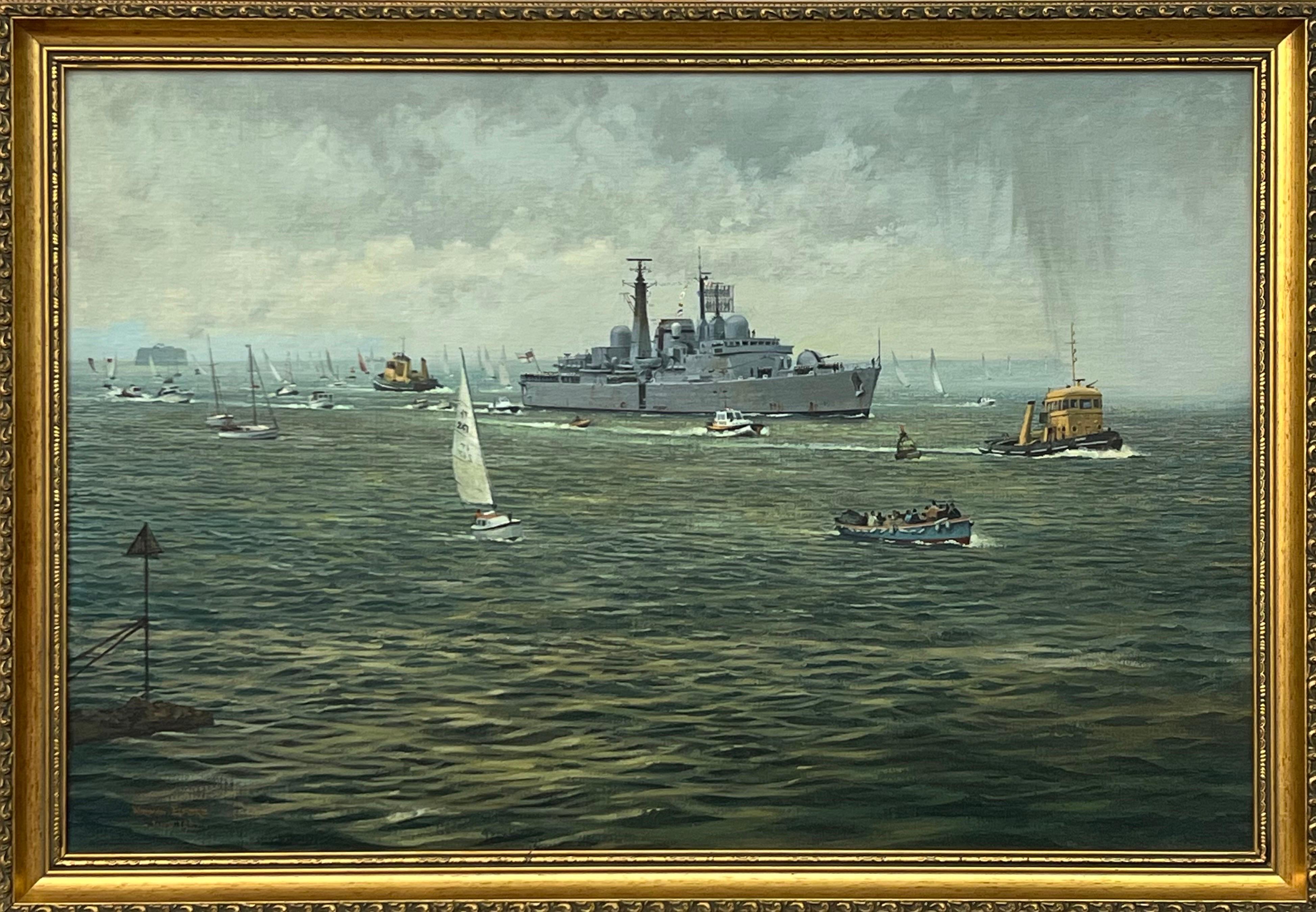 Norman Elford Landscape Painting – HMS Glasgow kehrt von den Falkland-Inseln zurück - Schifffahrtsszene Kriegsschiff & andere Schiffe