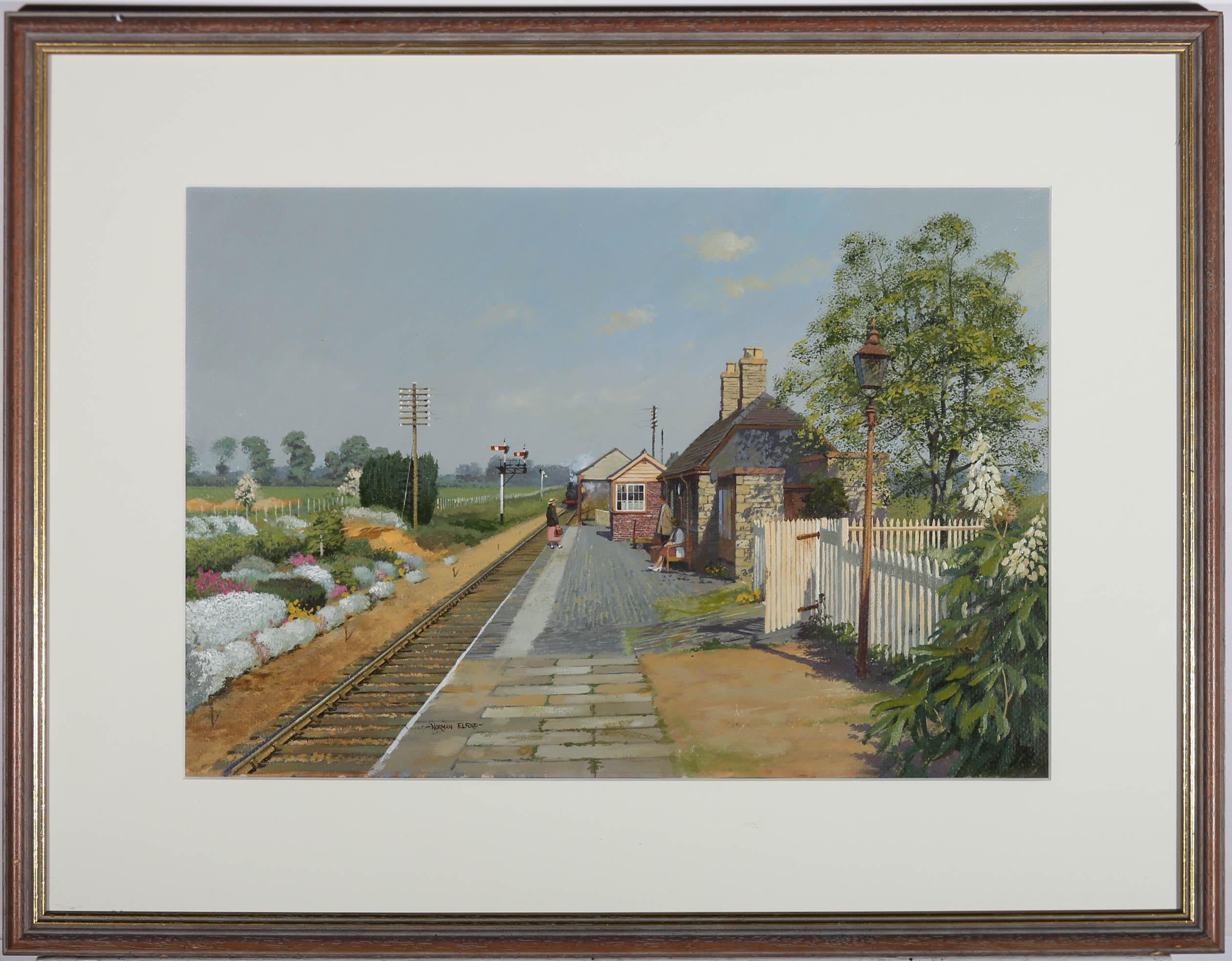A beautiful acrylic and gouache scene by Norman Elfored (1931-2007), depicting a quiet station with passengers waiting an approaching steam train. The artist has signed to the lower left, and the painting has been elegantly presented in a new card