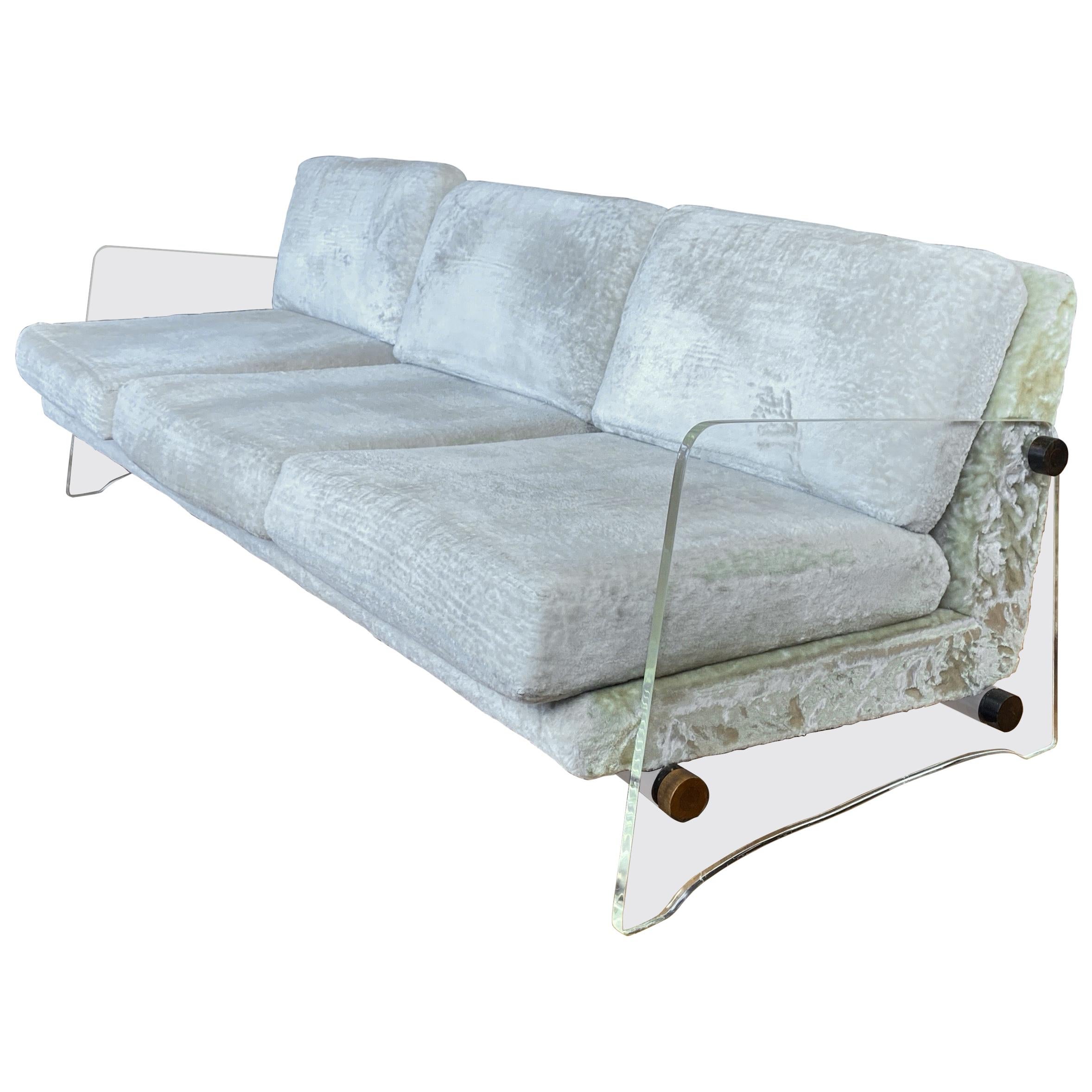 Norman Fox MacGregor for Sam Belz Monogram Lucite-Sided Long Velvet Sofa, 1960s