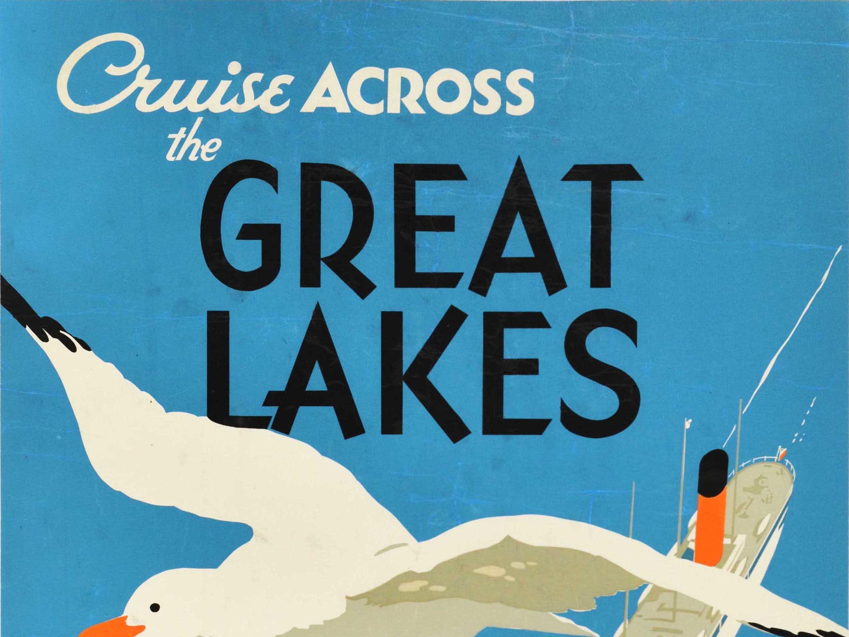Poster pubblicitario di viaggio originale d'epoca Crociera attraverso i Grandi Laghi Canada - Print Blu di Norman Fraser