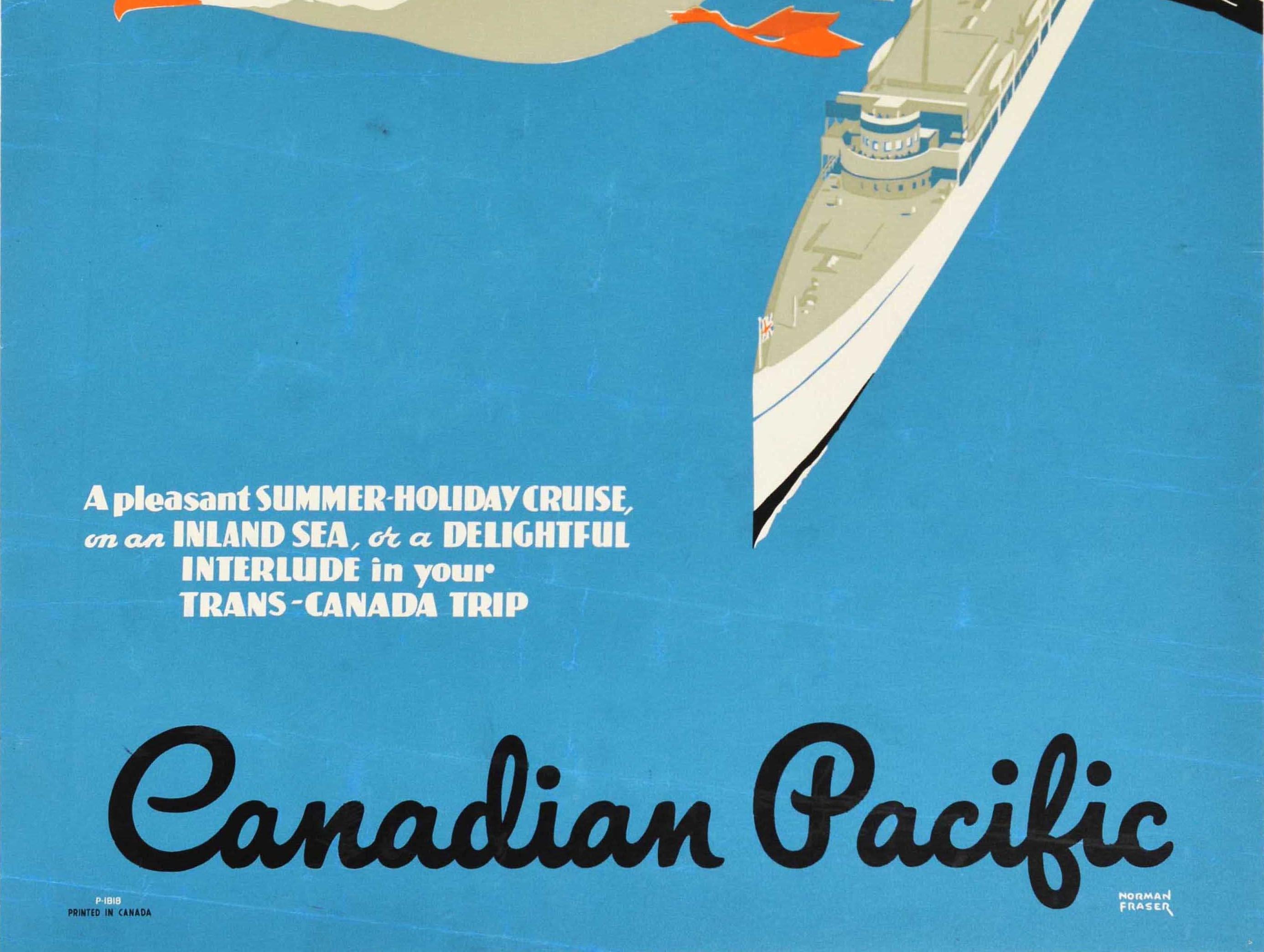 Poster pubblicitario d'epoca originale della Canadian Pacific - Cruise across the Great Lakes Una piacevole crociera estiva su un mare interno o un delizioso intermezzo nel tuo viaggio Trans-Canada - con un gabbiano che vola e una nave che naviga