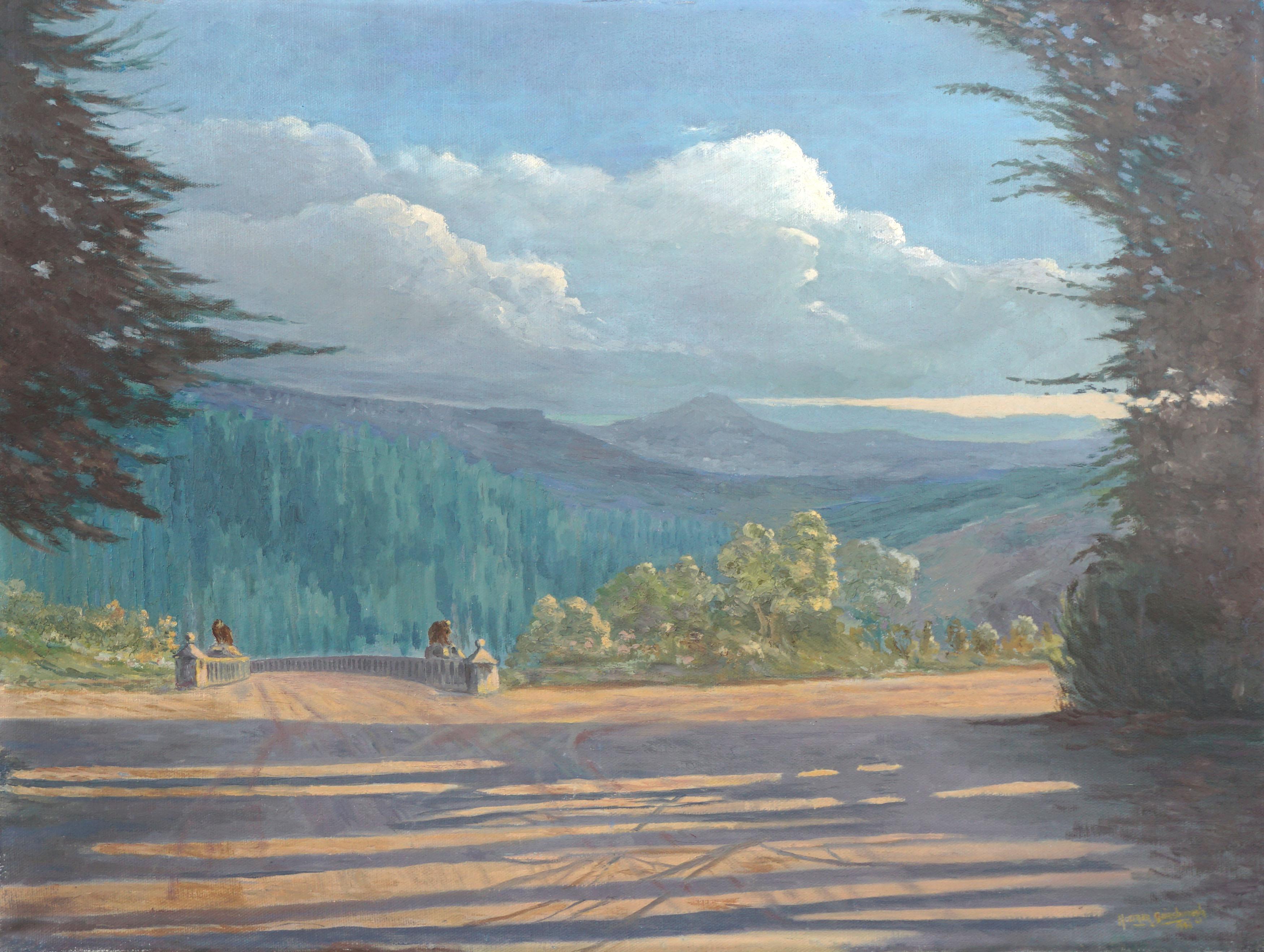 Columbia River Valley Oregon Mt Jefferson Old Highway & Eagle Statuary Guardians - Painting by Norman Gainsborough