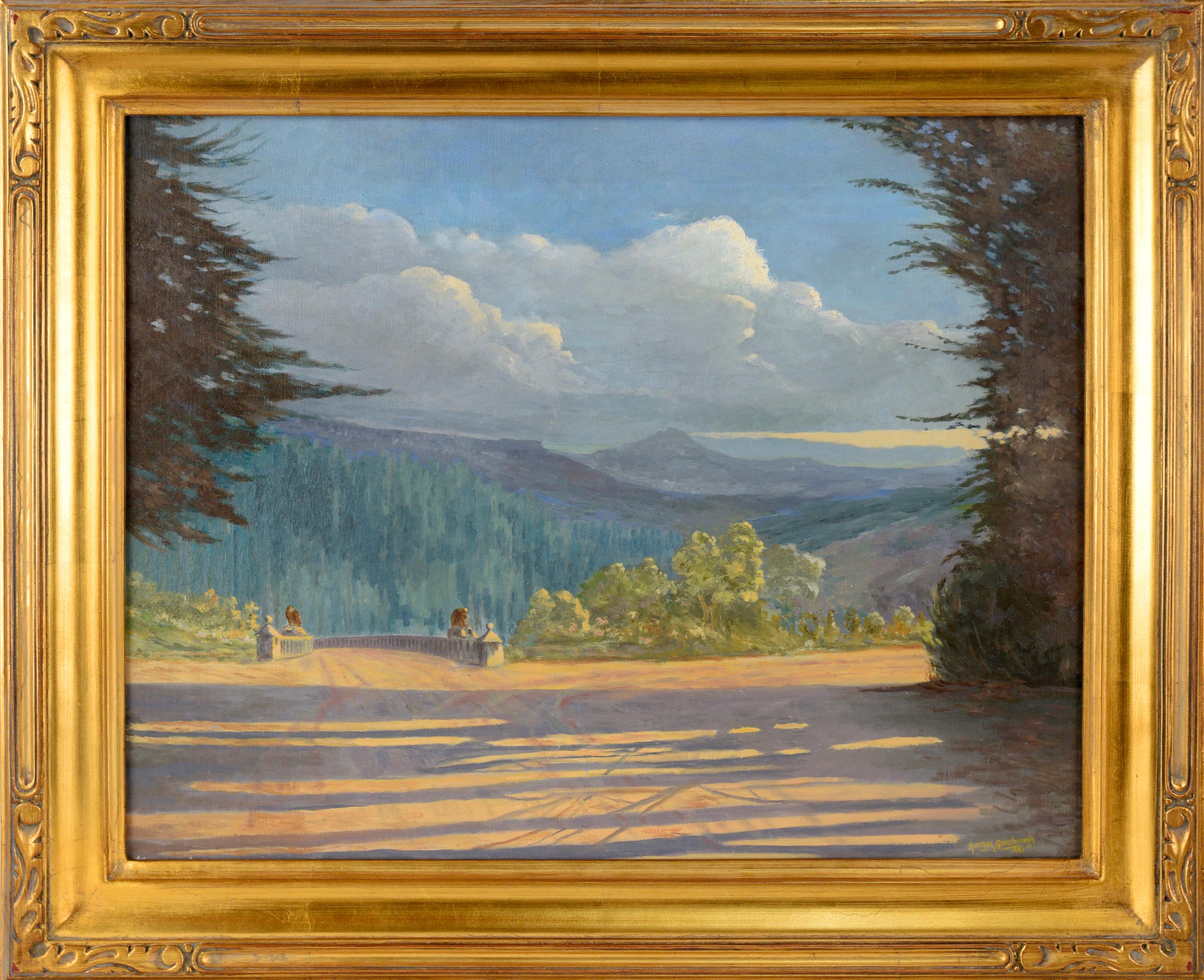 Norman Gainsborough Landscape Painting - Columbia River Valley Oregon Mt Jefferson Old Highway & Eagle Statuary Guardians