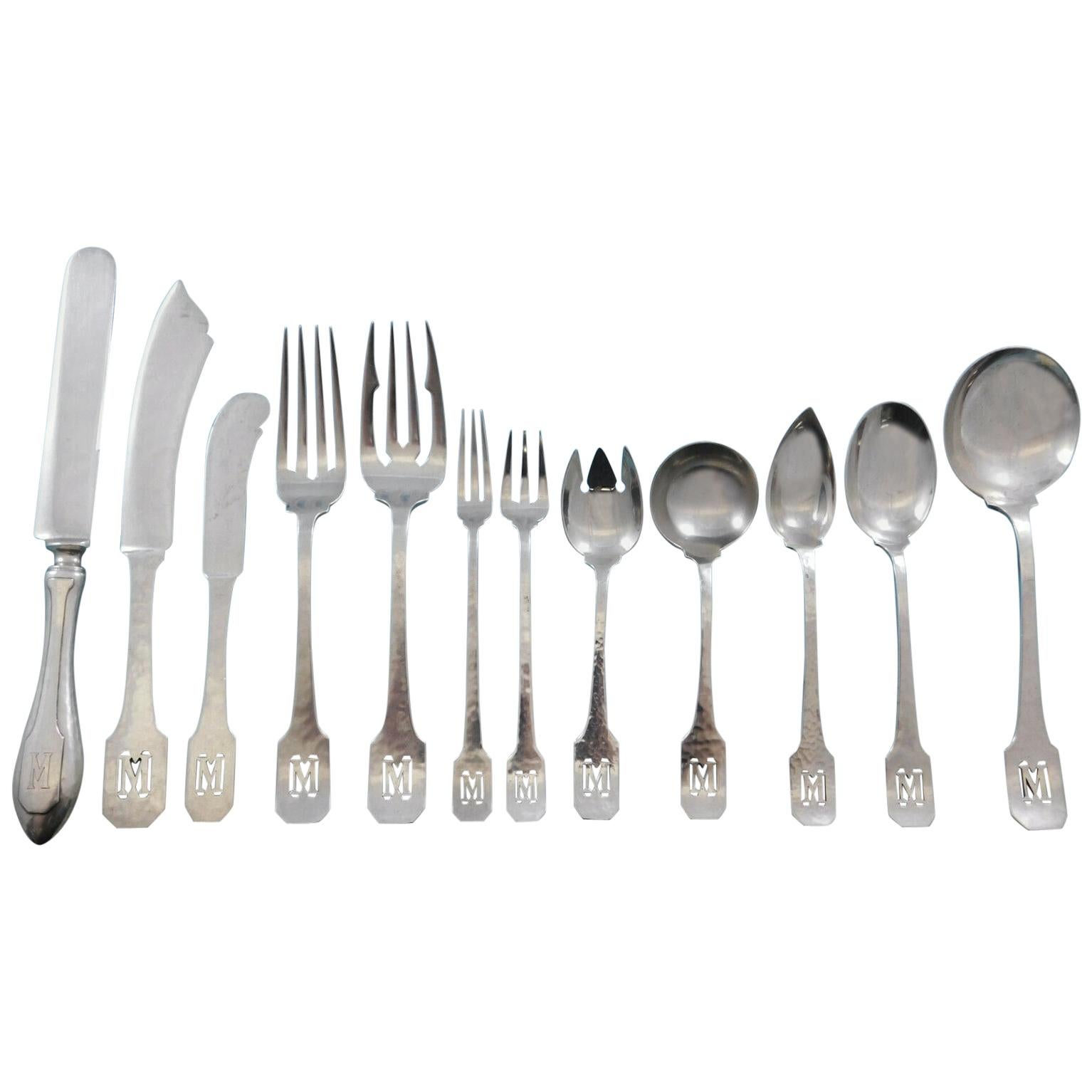 Norman Hammered by Shreve Sterling Silver Flatware Set Service 77 Pcs M Monogram