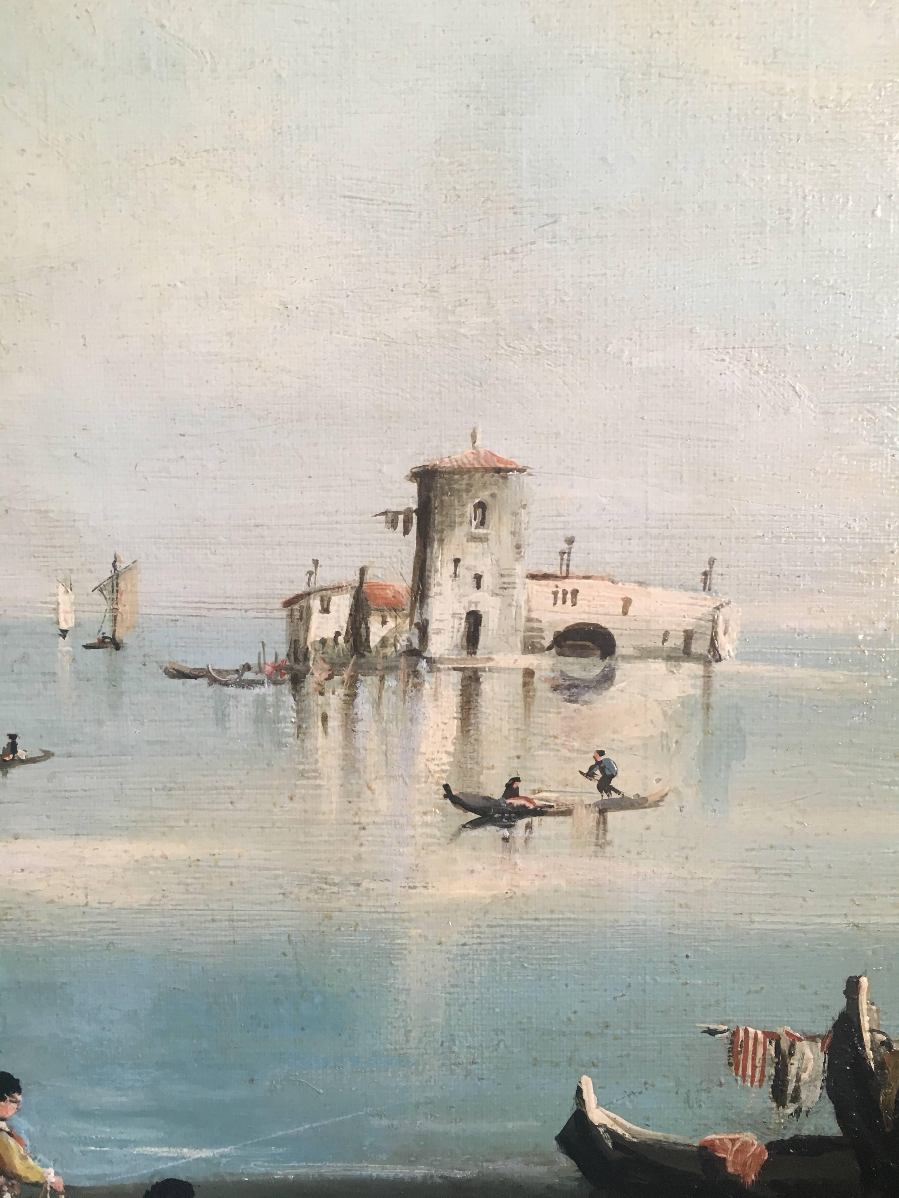 Fishermen on the Venetian Lagoon
Norman Henry French, Mid 20th Century
Oil painting on canvas, framed
Signed on the lower right hand corner
Framed size: 24 x 28 inches

Classical depiction of fishermen on the Venetian lagoon with surrounding