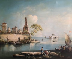 Fishermen on the Venetian Lagoon, Signed Oil Painting 