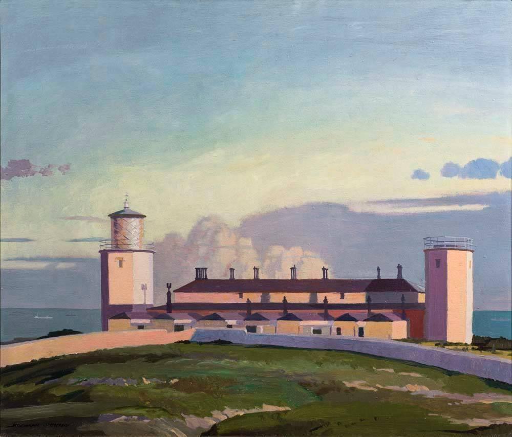 Soirée, phare en lézard, huile Art-Déco du 20e siècle signée