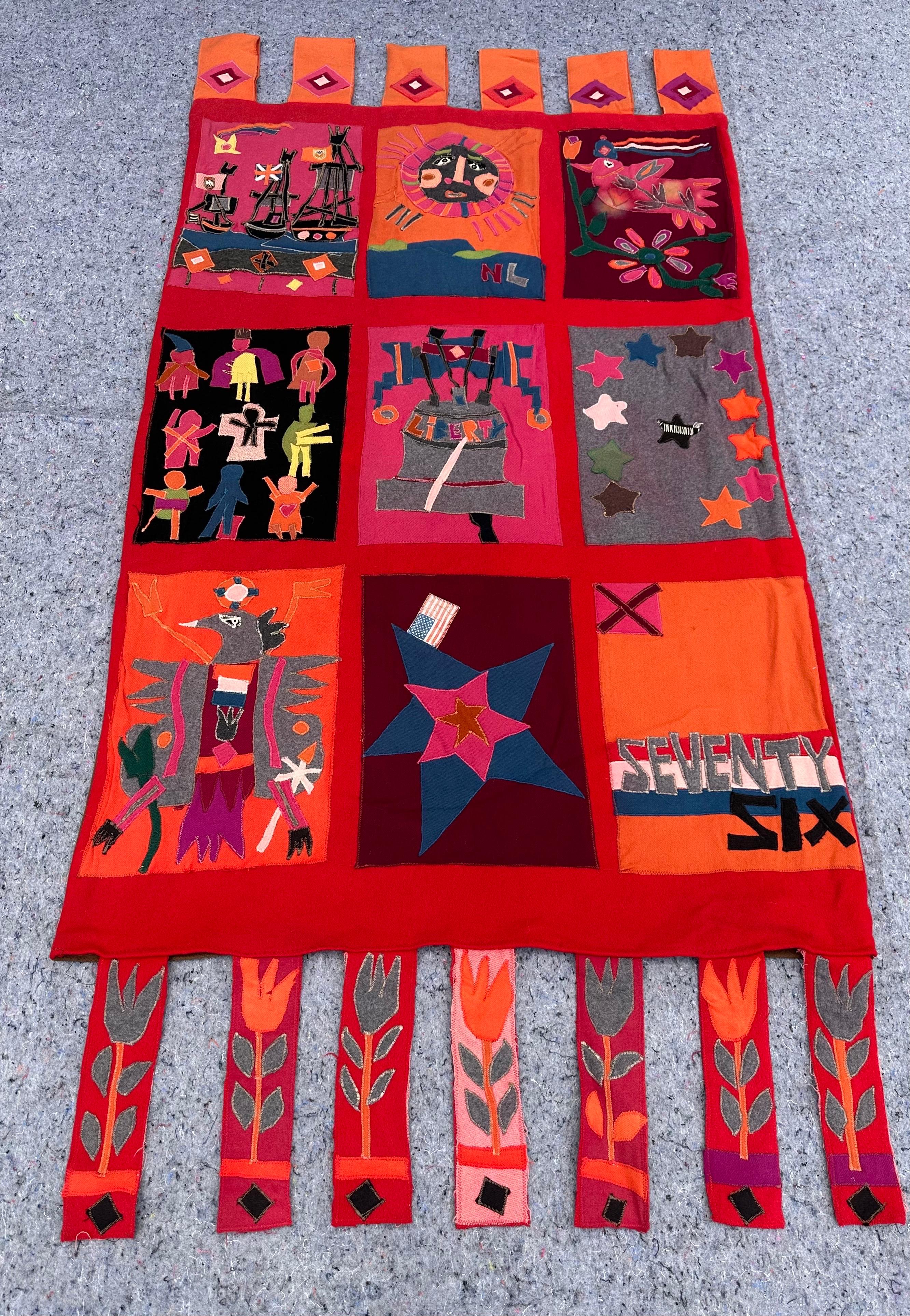 1960s-70s rare Norman Laliberte 1776 Tapestry, featuring historical events as its subject. This large multi-color wool tapestry, measuring 35