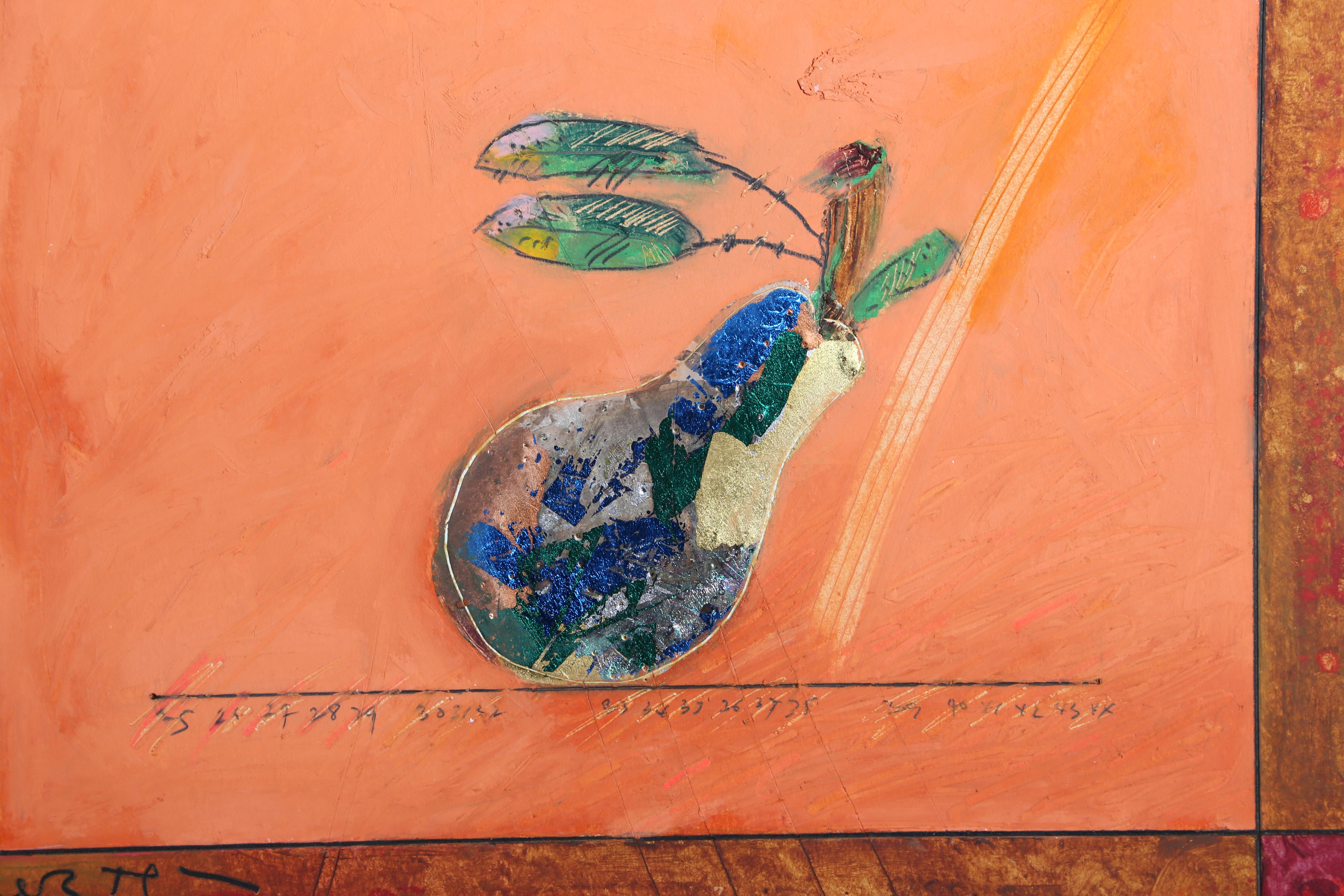 Artist: Norman LaLiberte, American (1925 - ) 
Title: Gold Apple, Silver Pear
Date: 1995
Medium: Mixed Media on Board, Signed
Size: 30 x 40 inches 