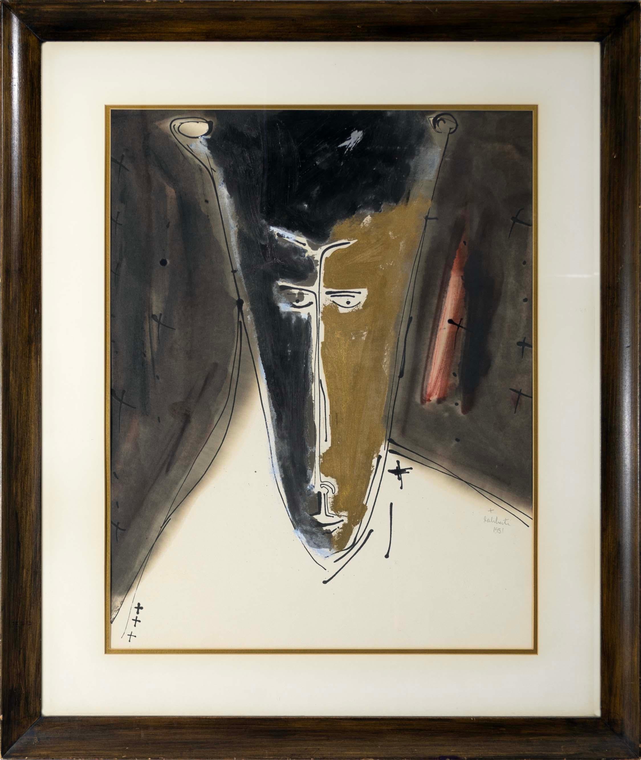 Ein ausdrucksstarkes Mixed-Media-Gemälde auf Papier, das eine modernistische Maske von Norman Laliberte darstellt. Handsigniert mit Bleistift und datiert 1951. Das Motiv der Maske wurde von der Künstlerin häufig aufgegriffen. Eine interessante