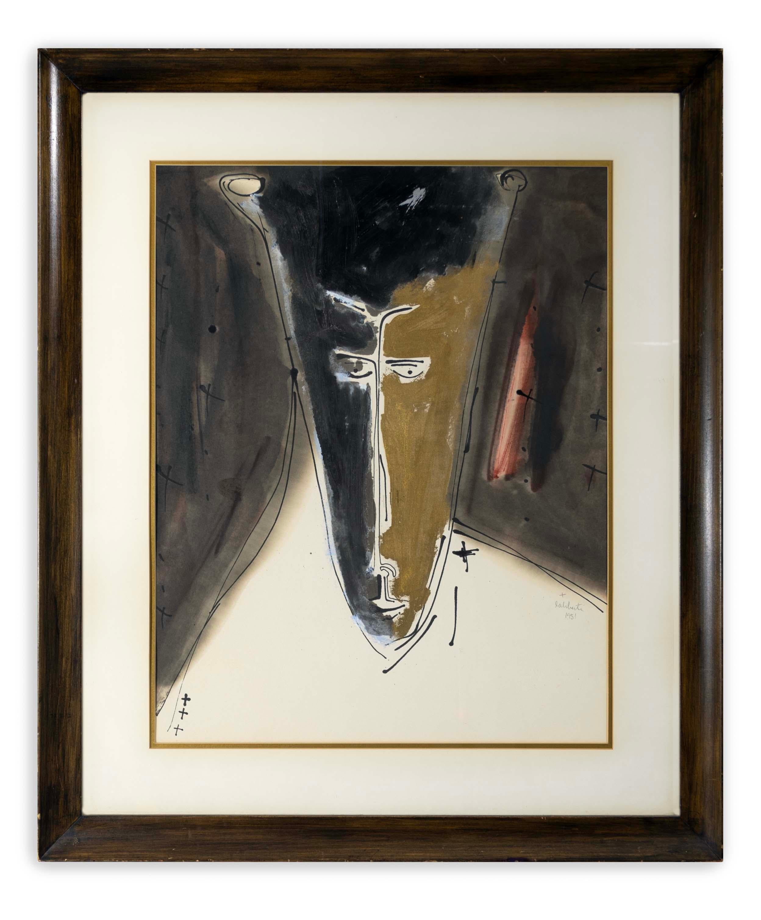 Norman Laliberte Modernistische Maske, signiertes Gemälde in Mischtechnik auf Papier, gerahmt 1951 (amerikanisch) im Angebot